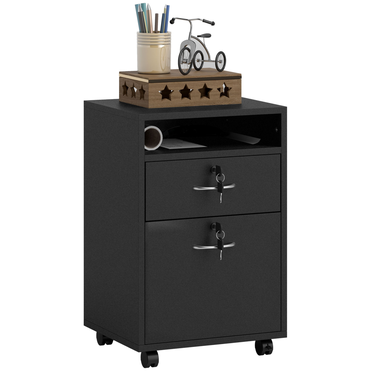 HOMCOM 60cm Black Storage Cabinet with Drawers, Open Shelf and Wheels