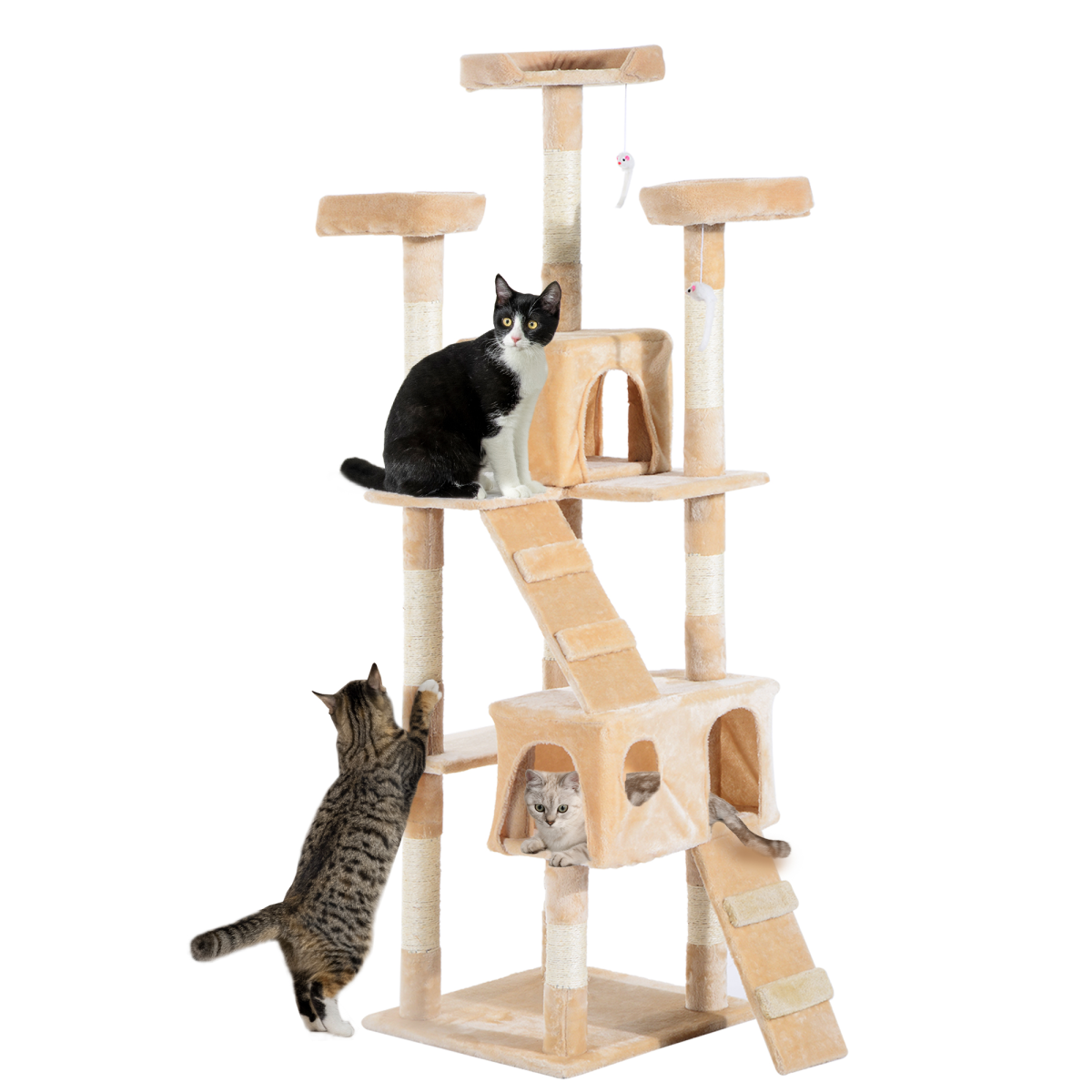 Pawhut 170CM Multi-Level Cat Tree Scratching Post with 3 Top Perches, 2 Condos, 2 Ladders and 3 Dangling Toys