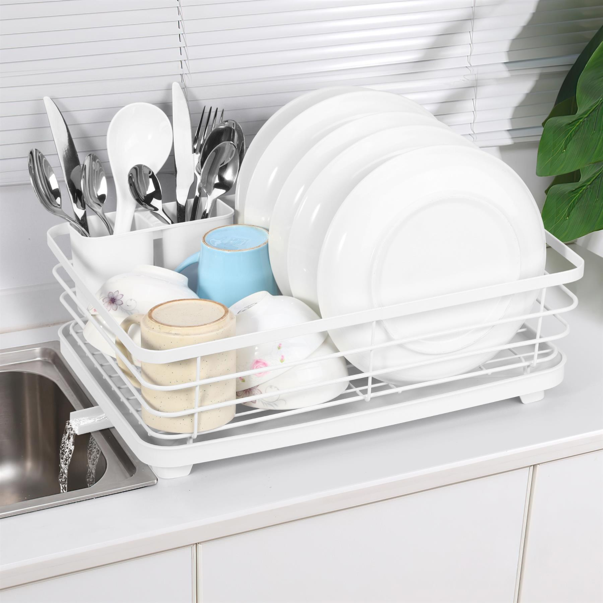 Vinsani White Stainless Steel Dish Drying Rack with Drip Tray and Utensil Holder