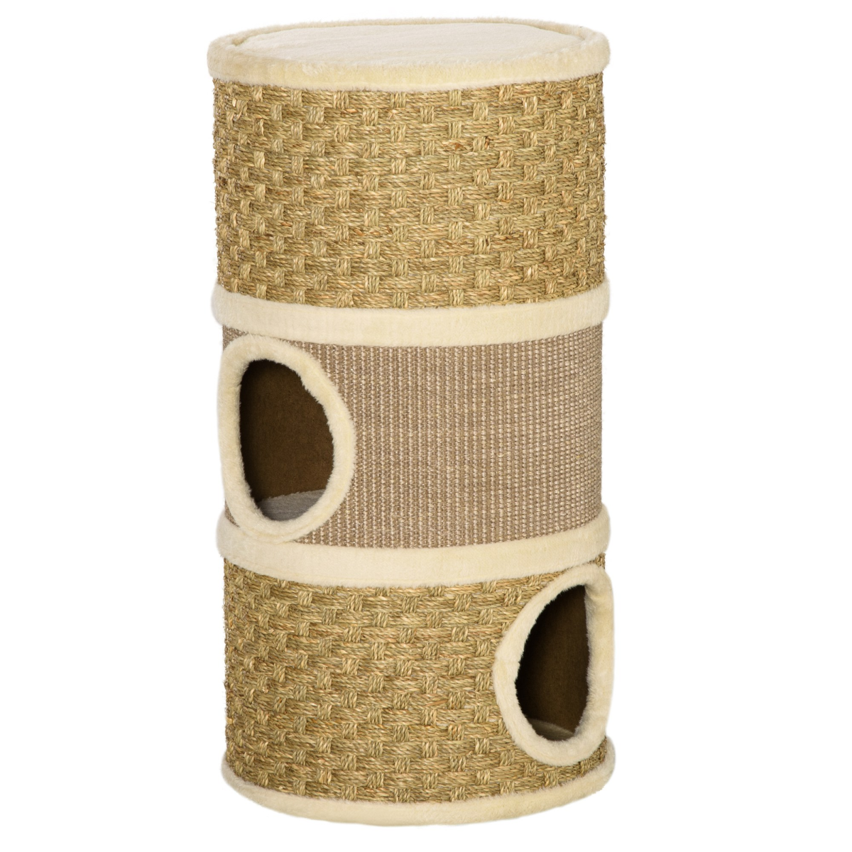 Cat Scratching Barrel Tower with Sisal and Seaweed Rope, Plush Lined, Sturdy Indoor Cat Tree