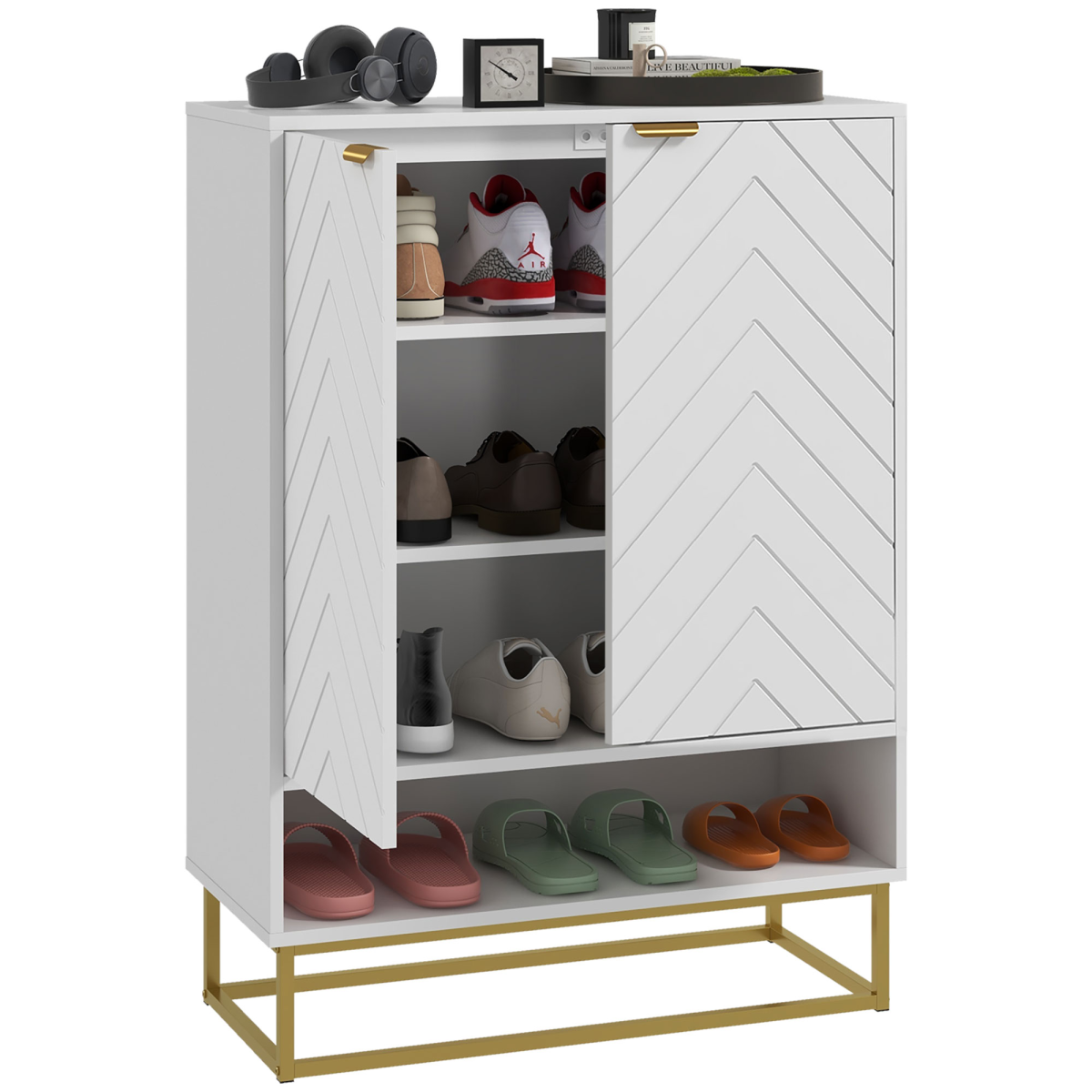 HOMCOM Shoe Cabinet with 2 Chevron Doors, Adjustable Shelf, Holds 12 Pairs, White and Gold Tone