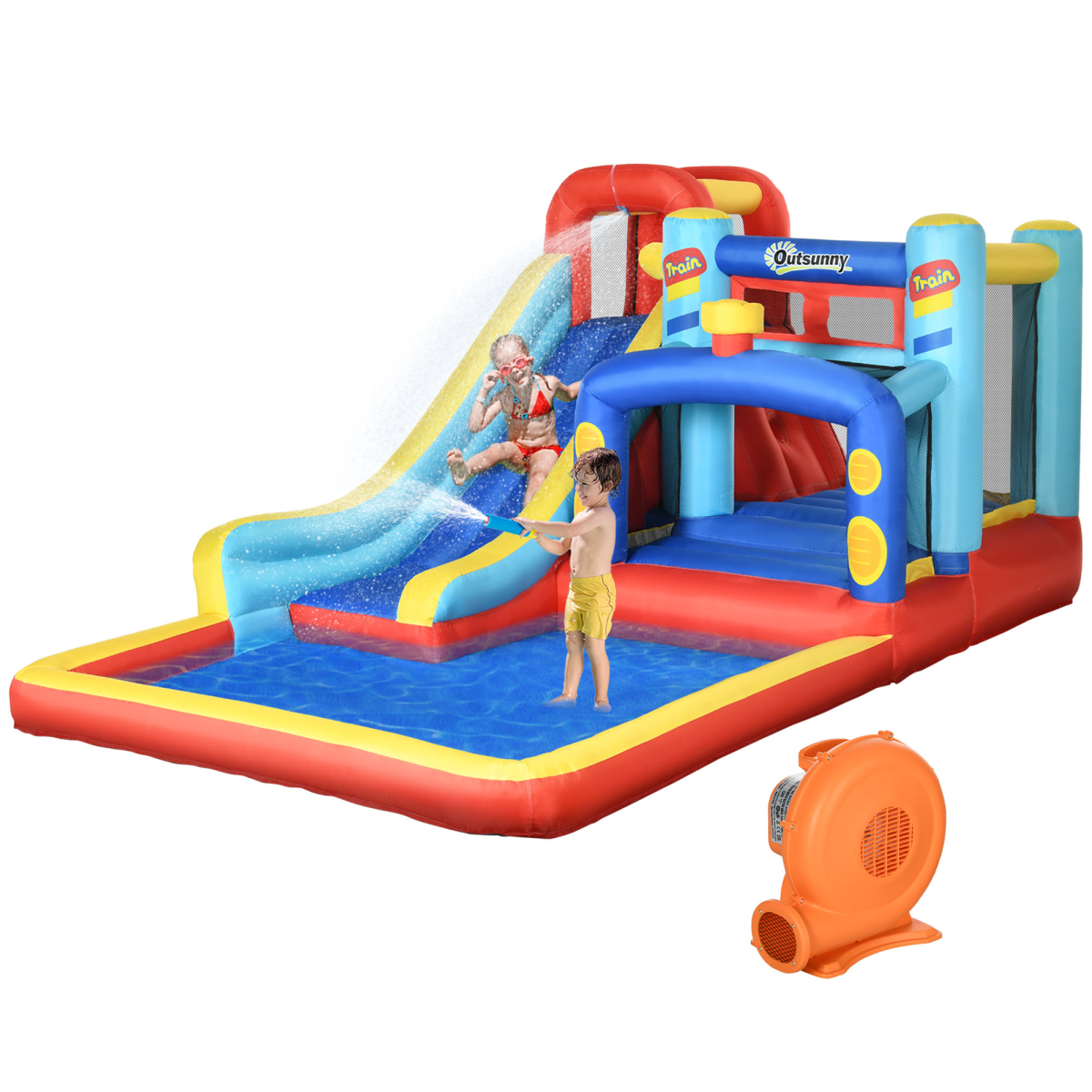 Outsunny 4 in 1 Kids Bouncy Castle Slide Pool Trampoline Climbing Wall Blower