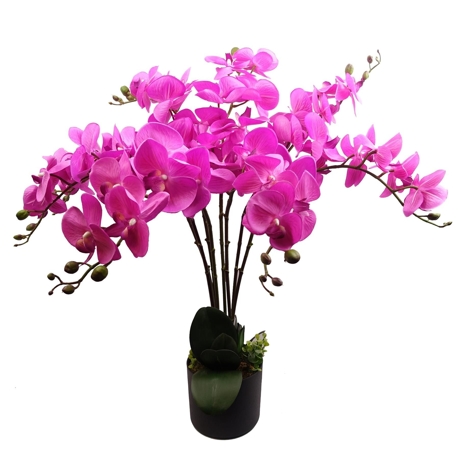 85cm Artificial Deluxe Bush Orchid, Dark Pink, 56 Flowers, 9 Leaves, Black Pot