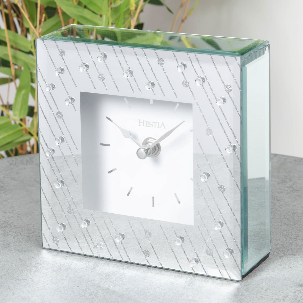 Hestia Mirrored Glass Mantel Clock with Raindrop Crystal and Silver Glitter Design