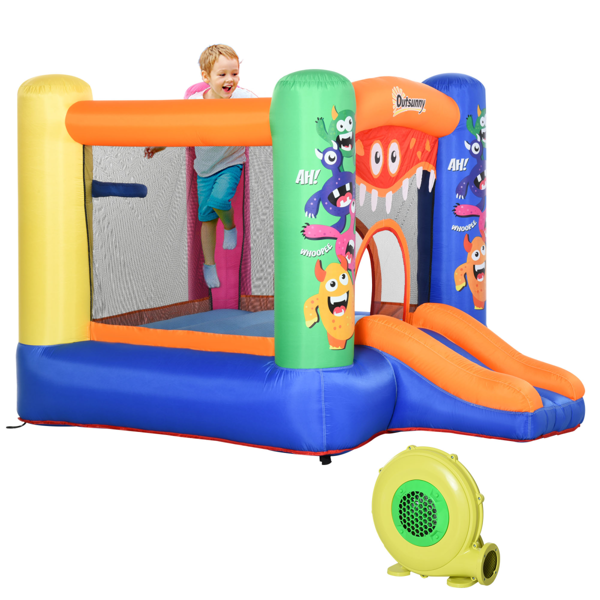 Monster Design Bouncy Castle with Slide, Trampoline & Basket