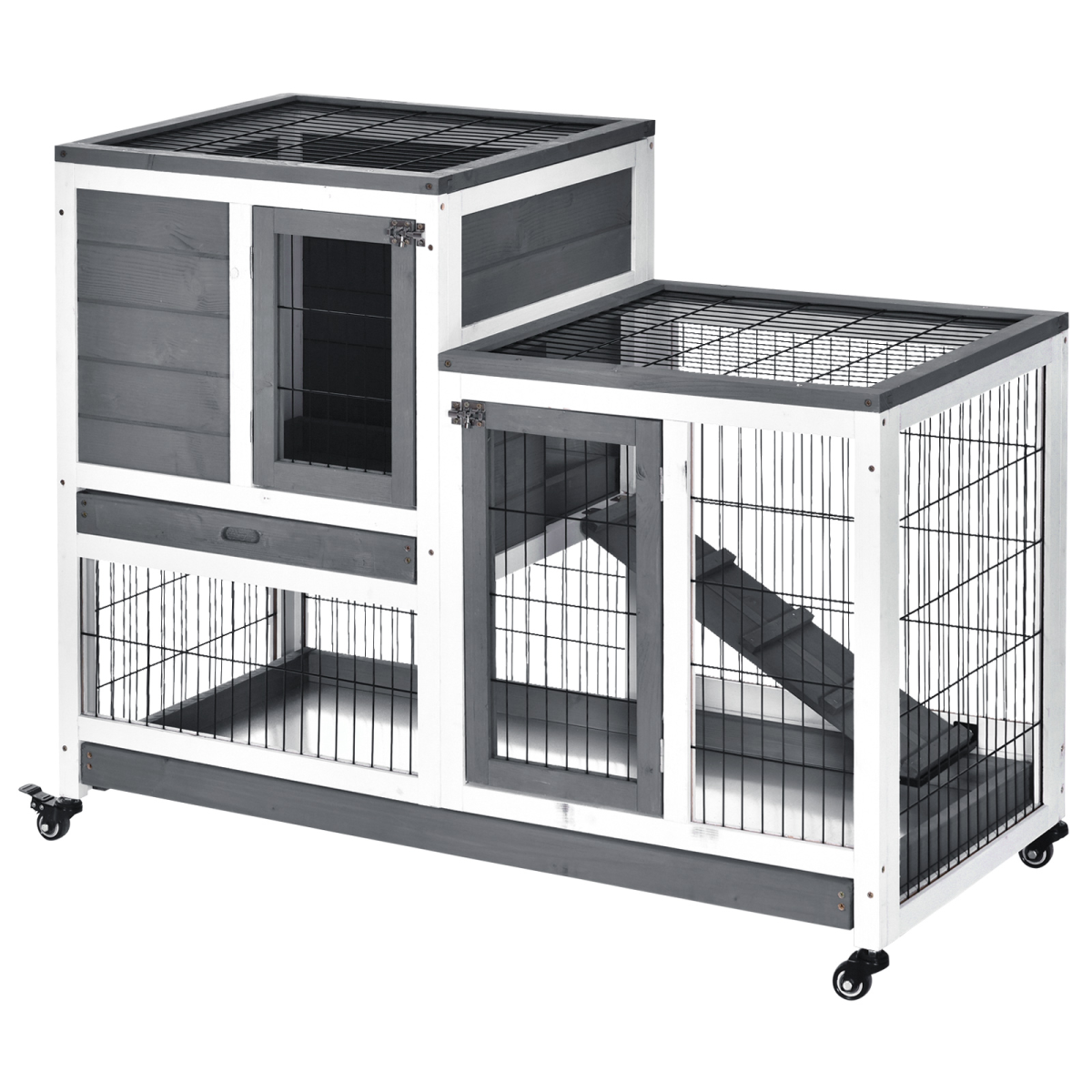 Wooden Rabbit Hutch Bunny Guinea Pigs House Cage Wheels Indoor 110 x 50 x 86cm