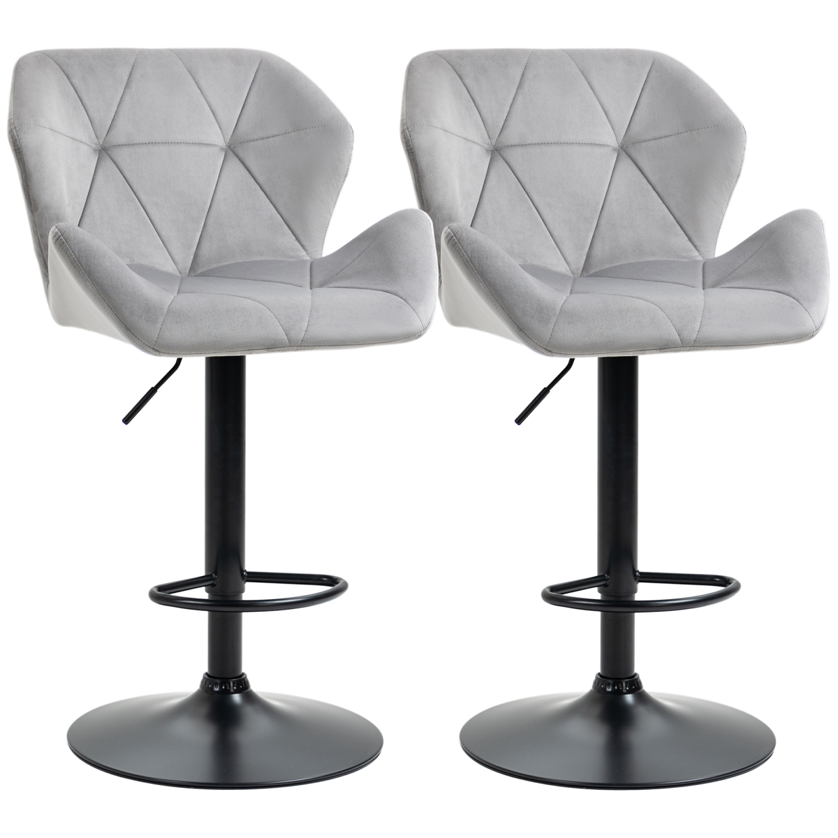 HOMCOM Set of 2 Grey Velvet-Feel Adjustable Bar Stools