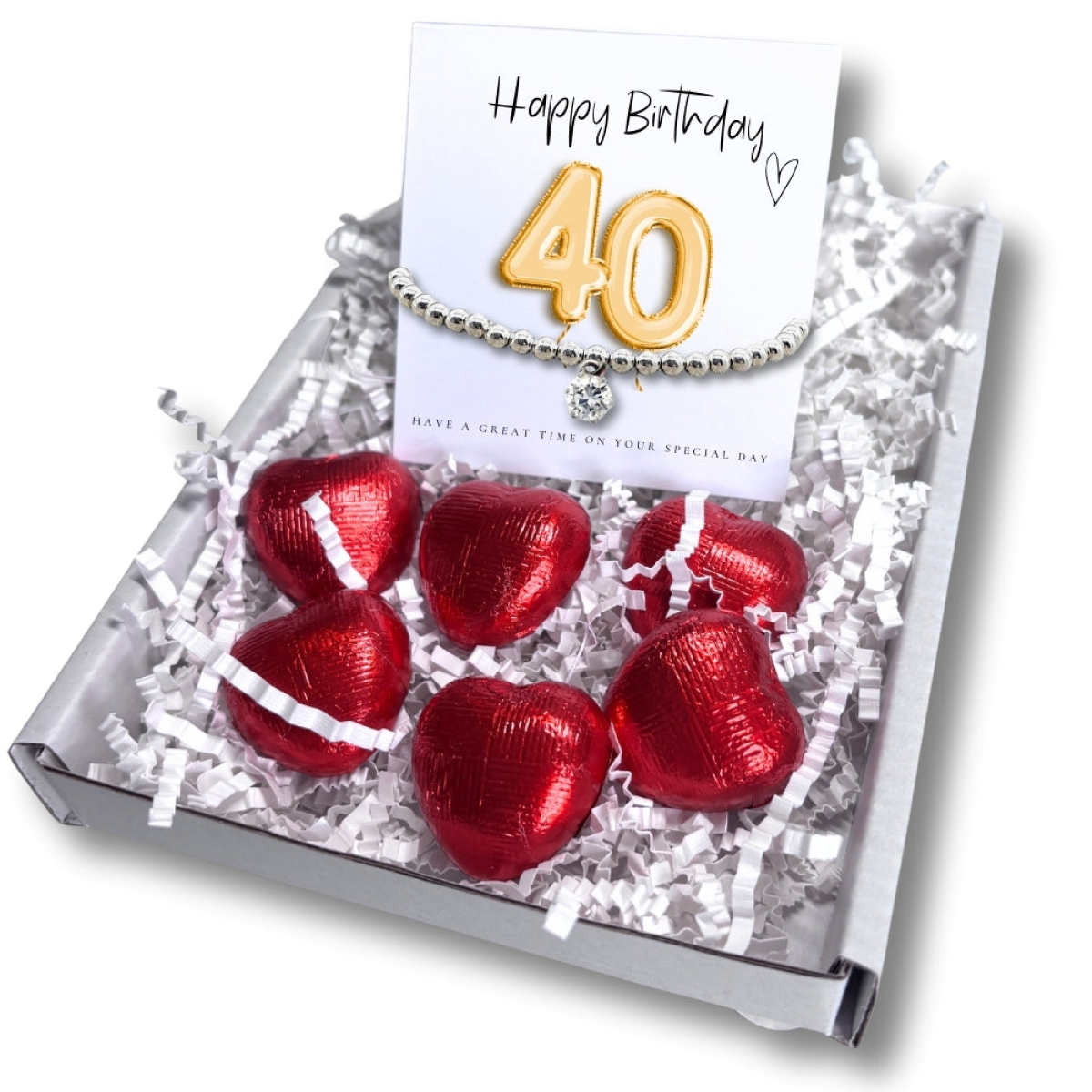 40th Birthday Cubic Zirconia Bracelet Gift Hamper with Milk Chocolate Hearts