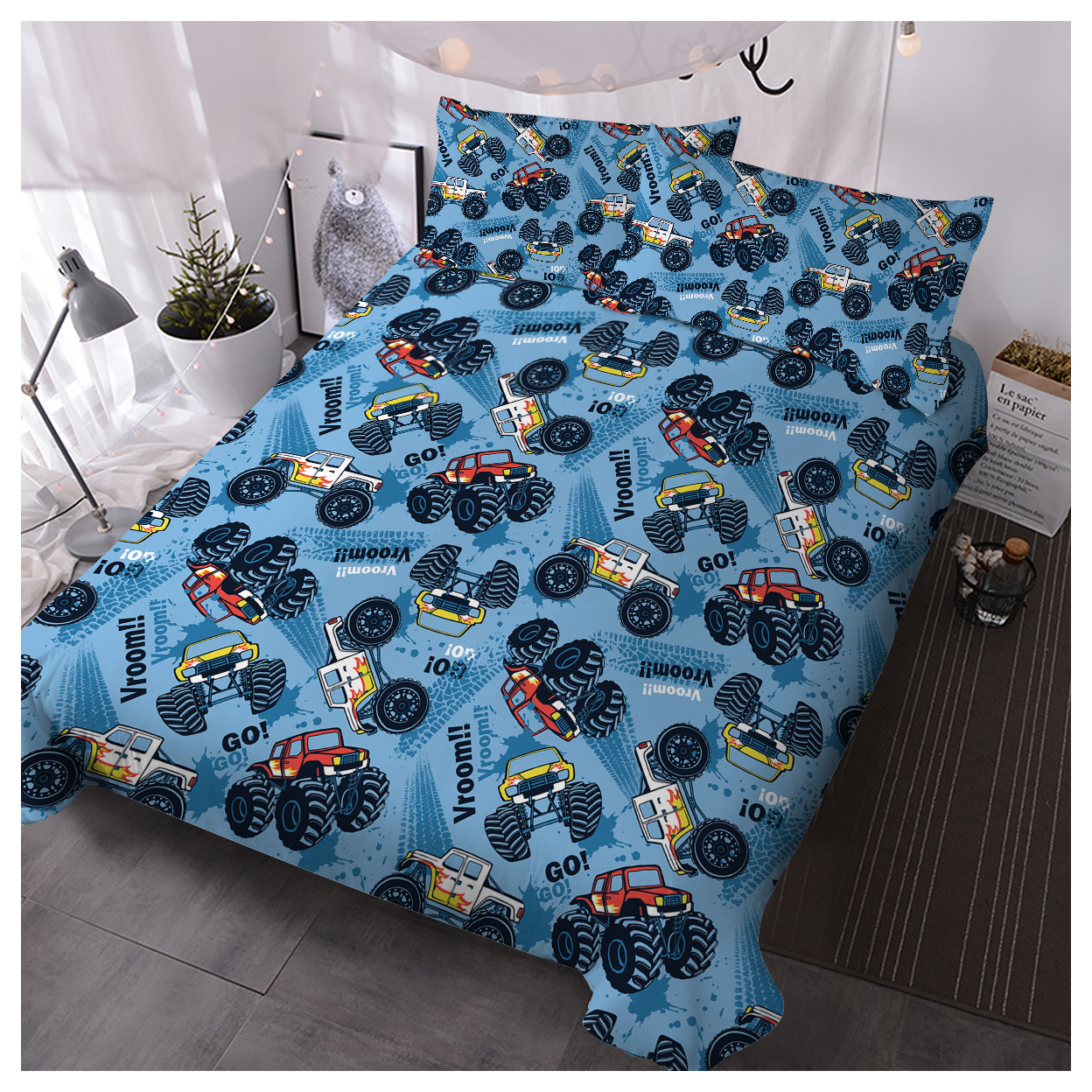 Kids' Duvet Cover Set, Premium Brushed Microfiber Monster Truck Cars Bedding Set, 3-Piece Single Quilt Cover, Includes 1 Duvet Cover and 2 Pillow Shams, For Teens Boys Bedroom