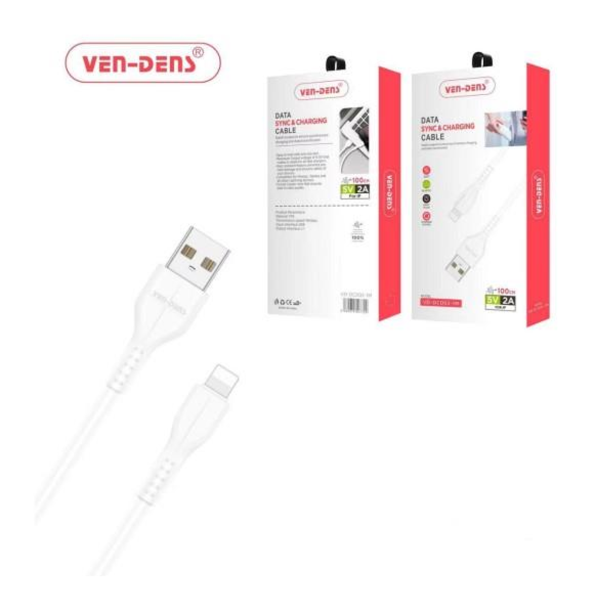 Ven-Dens USB A to Lightning Data Sync and Fast Charging Cable, White, 1 Metre