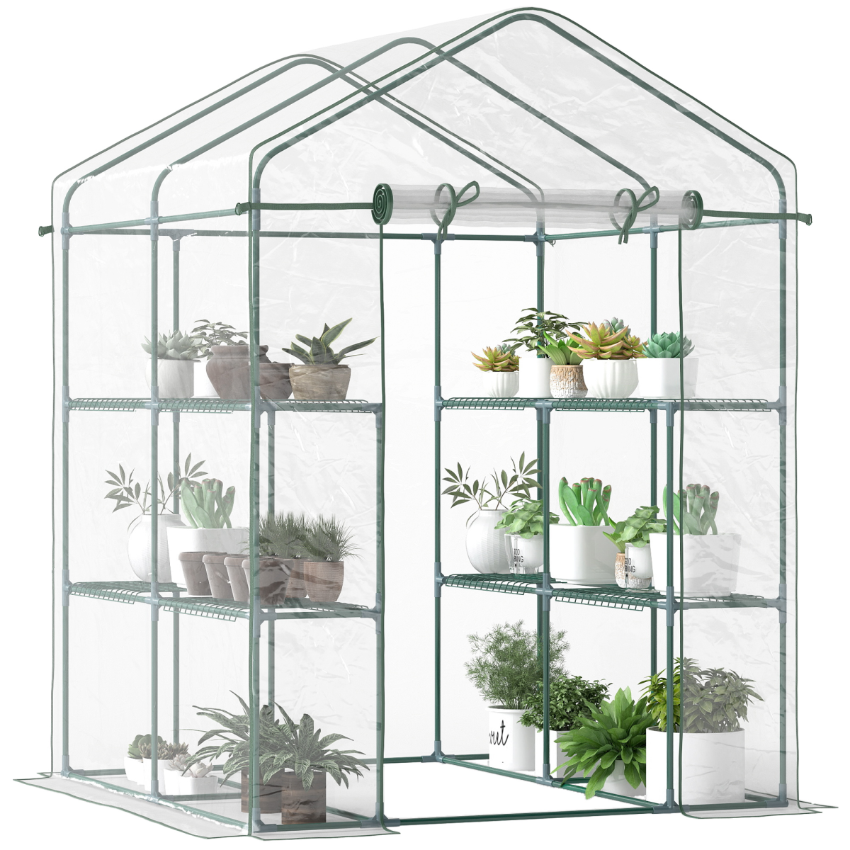 Outsunny Large Steel Frame Greenhouse with 2 Shelves, Clear PVC Cover, Zippered Door