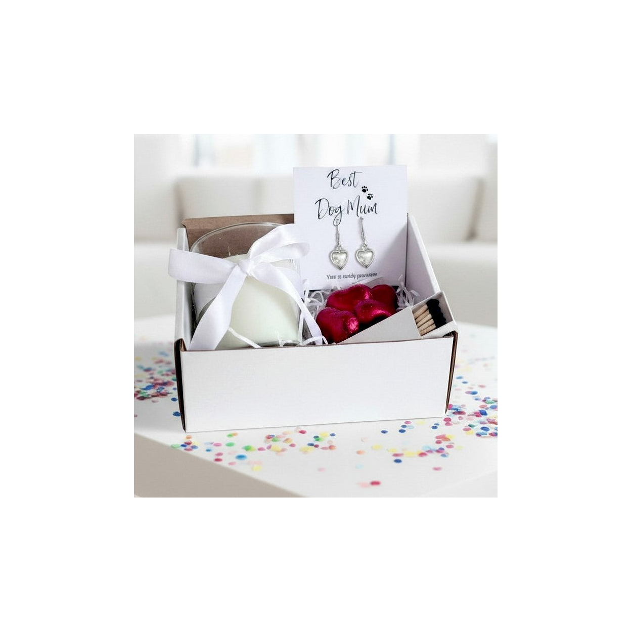 Best Dog Mum Gift Hamper with Heart Earrings, Candle and Milk Chocolate Hearts