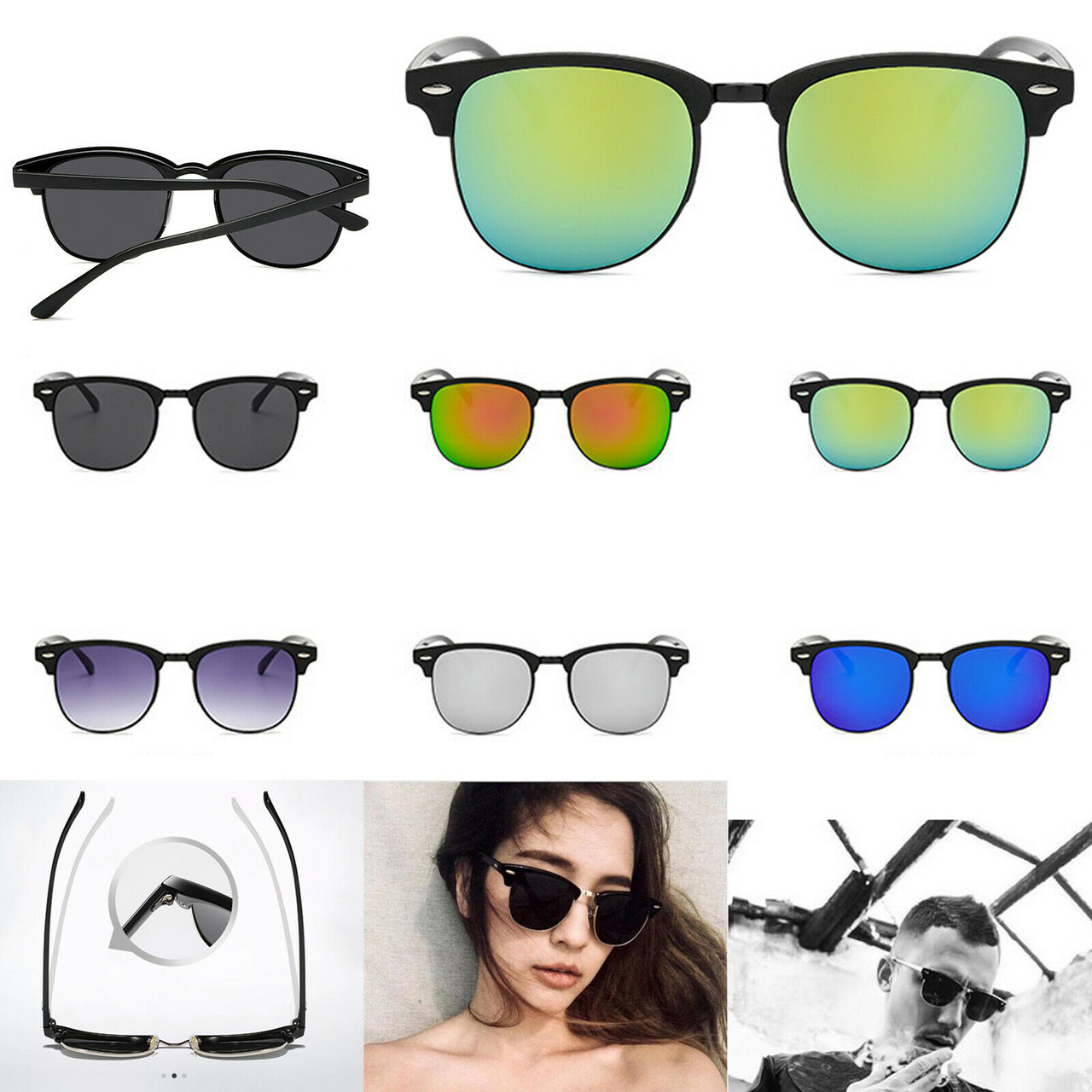 Mens Black Horn Rimmed Semi-Rimless Polarized UV400 Sunglasses