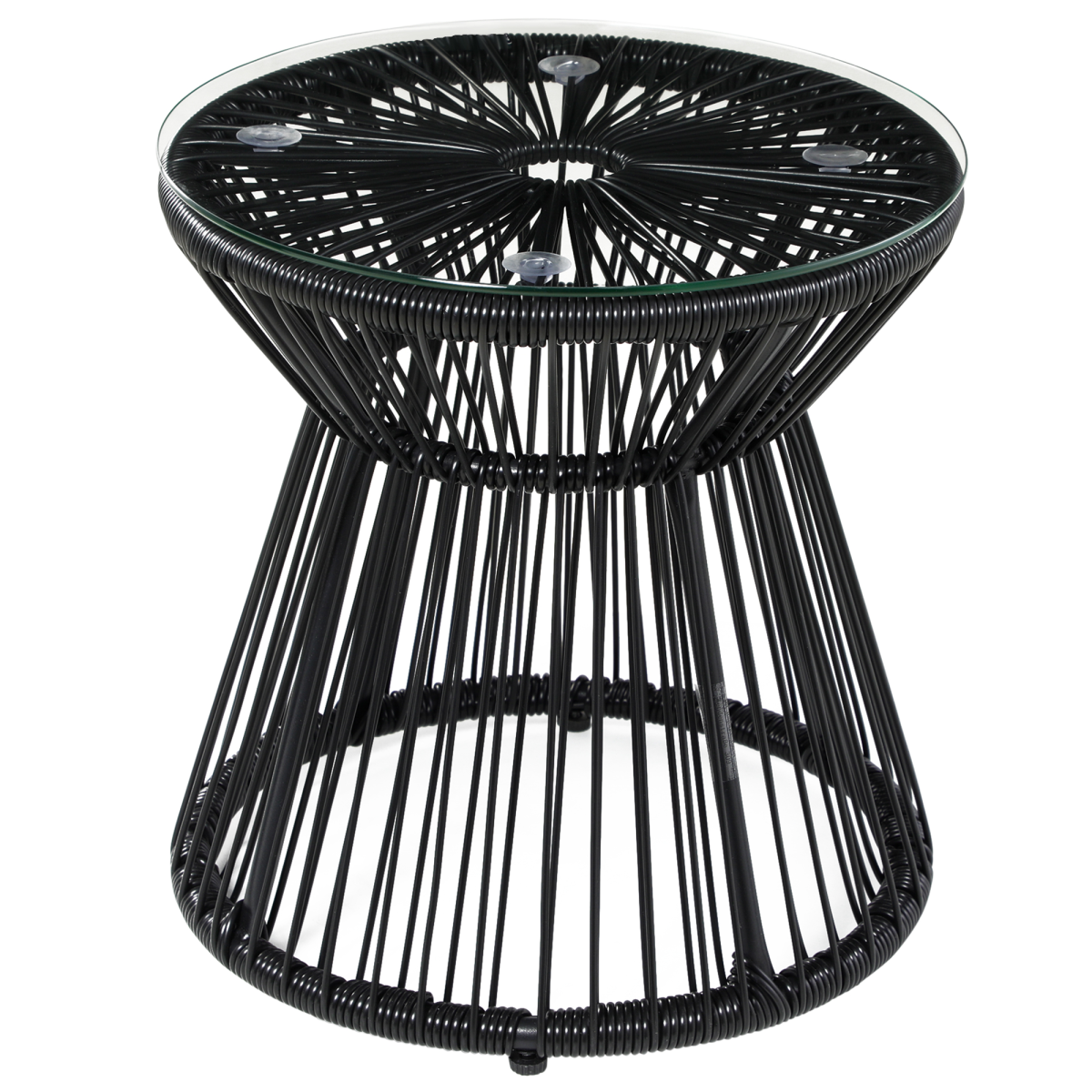 Outsunny Black PE Rattan Round End Table with Tempered Glass Top, Hollow Drum Design