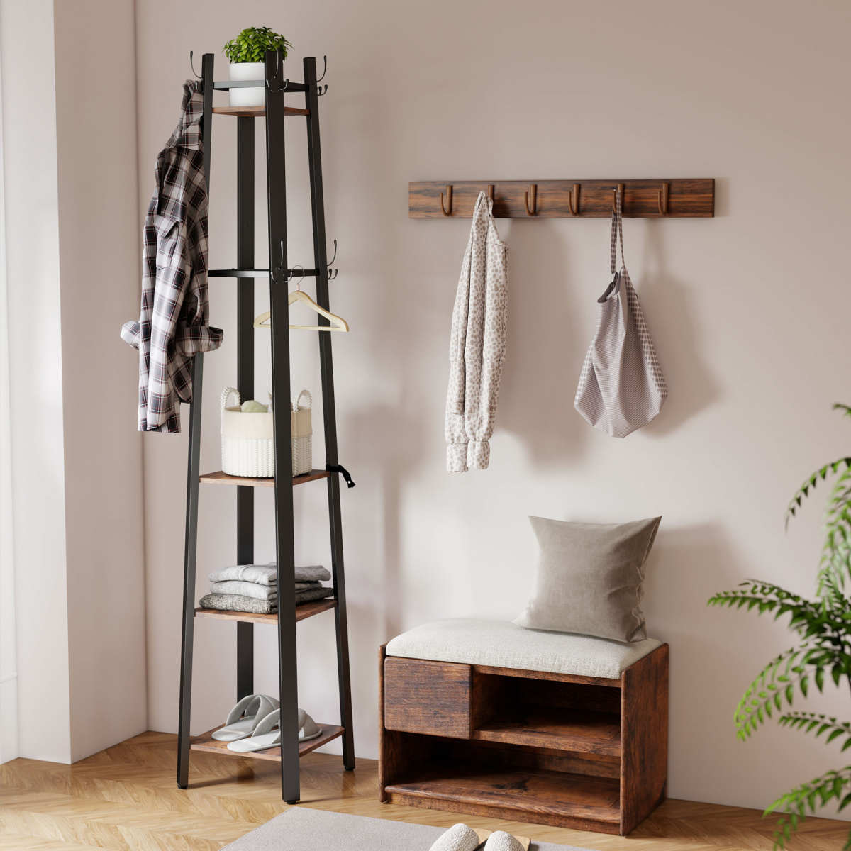 Rustic Brown Industrial Coat Stand with 8 Triple Hooks and 4 Shelves
