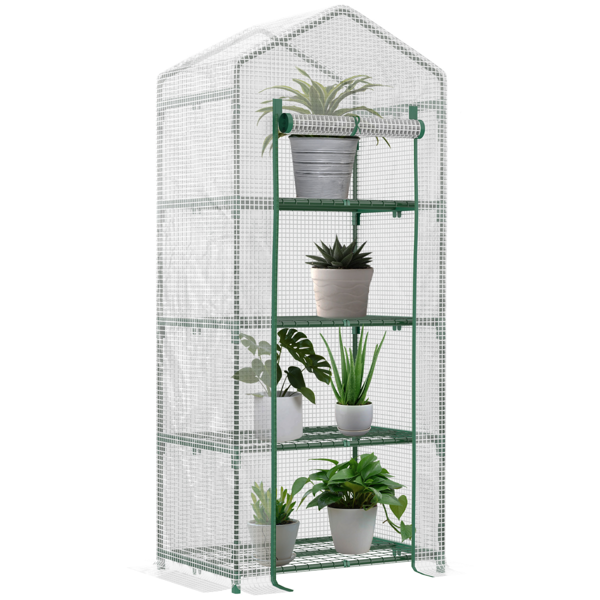 Outsunny 4 Tier Portable Mini Greenhouse with Steel Frame, PE Cover, Zipped Roll-Up Door, 160x69x50cm