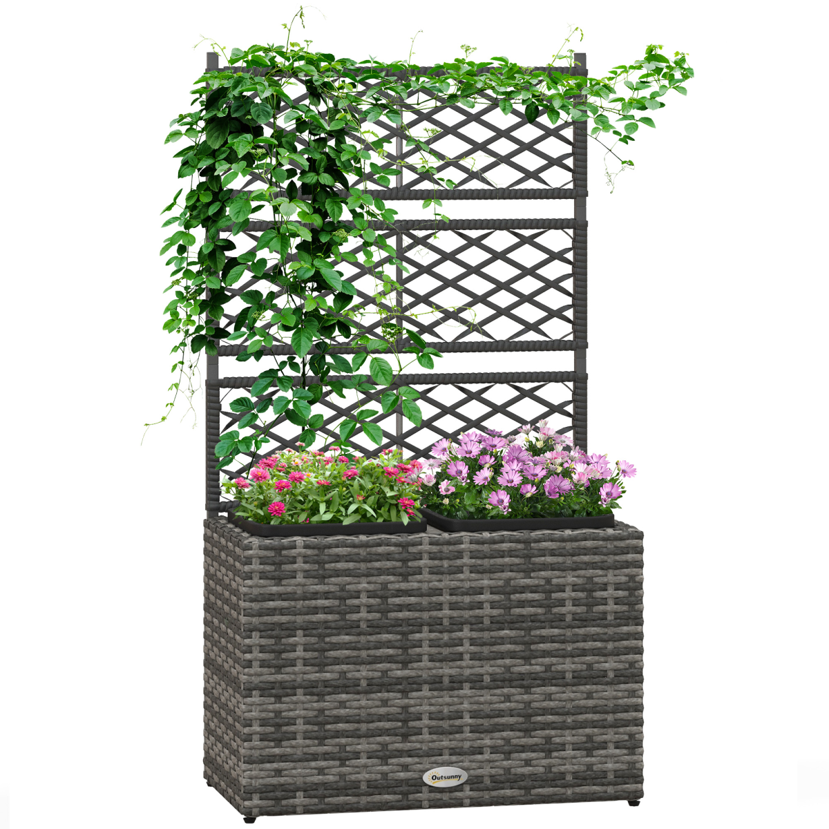 Outsunny Garden Raised Planter Box with Trellis, PE Rattan, 57 x 30 x 107 cm, Mixed Grey and Black