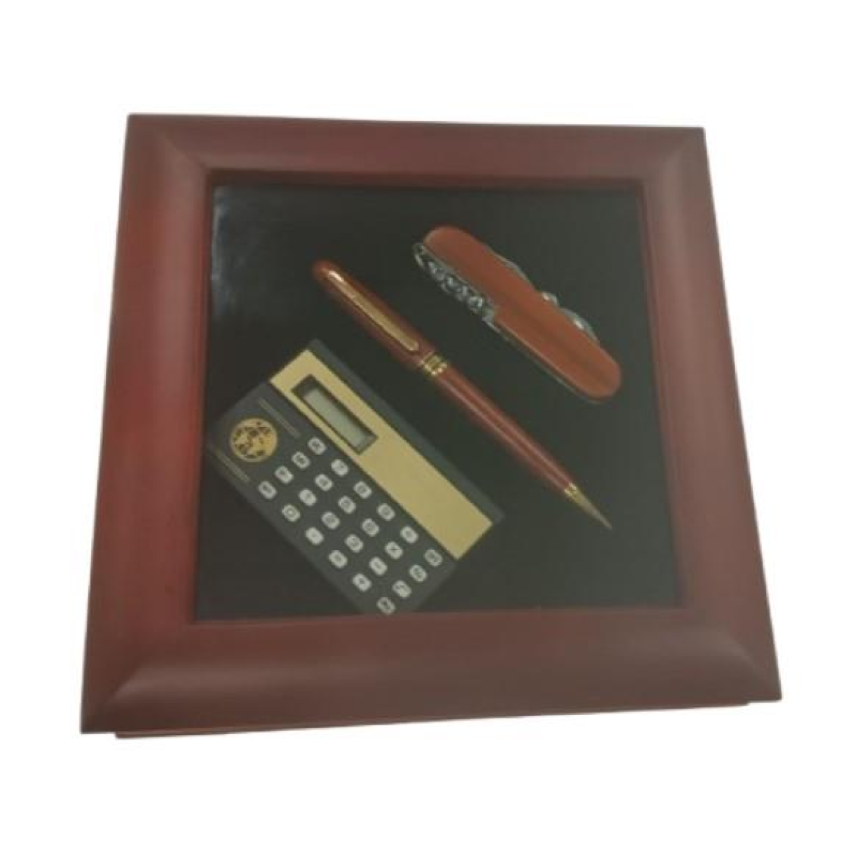 Imperial Mini Calculator and Pocket Knife Set with Wood Brown Gold Trim Ball Pen Clock Gift Set