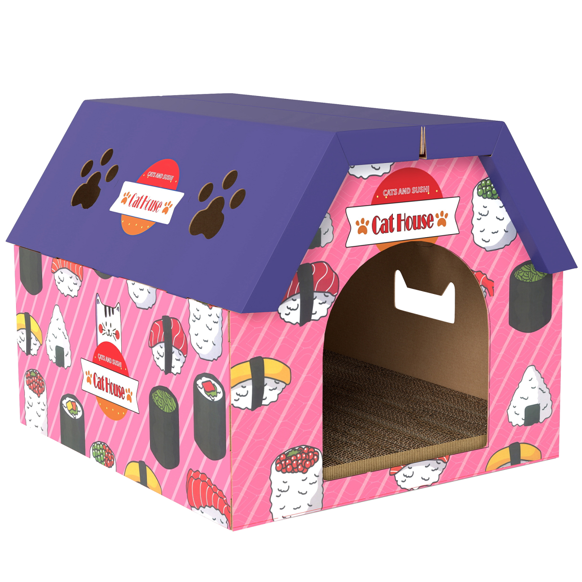 PawHut 2-in-1 Cat House & Scratcher with Cat Grass, Pink