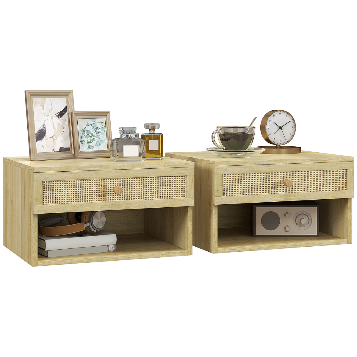 HOMCOM Set of 2 Floating Bedside Tables with Rattan Drawer & Shelf