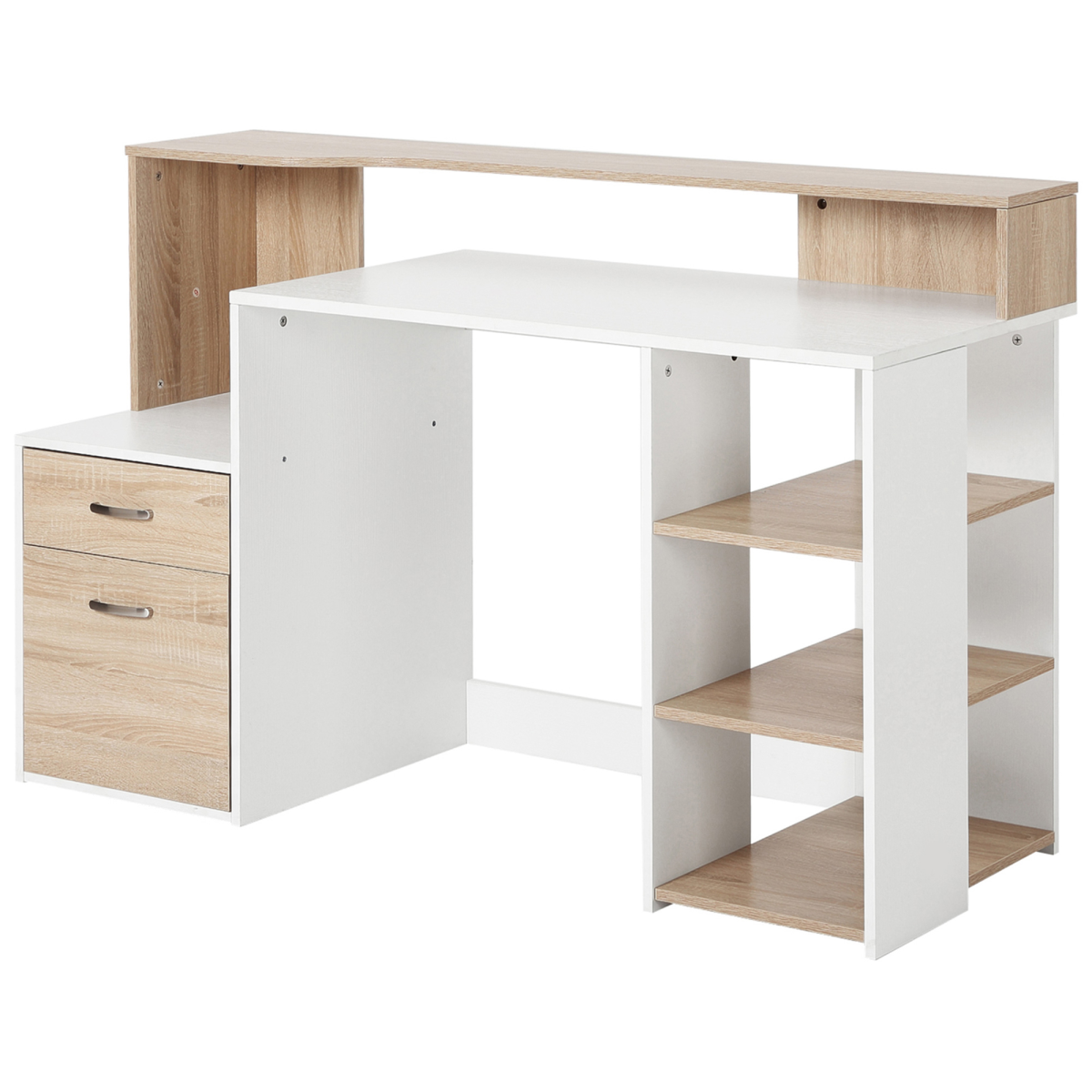 Multi-Storage Workstation Desk with Side Shelves, 2-Drawer Cabinet and Printer Space, Home Office Desk, Oak