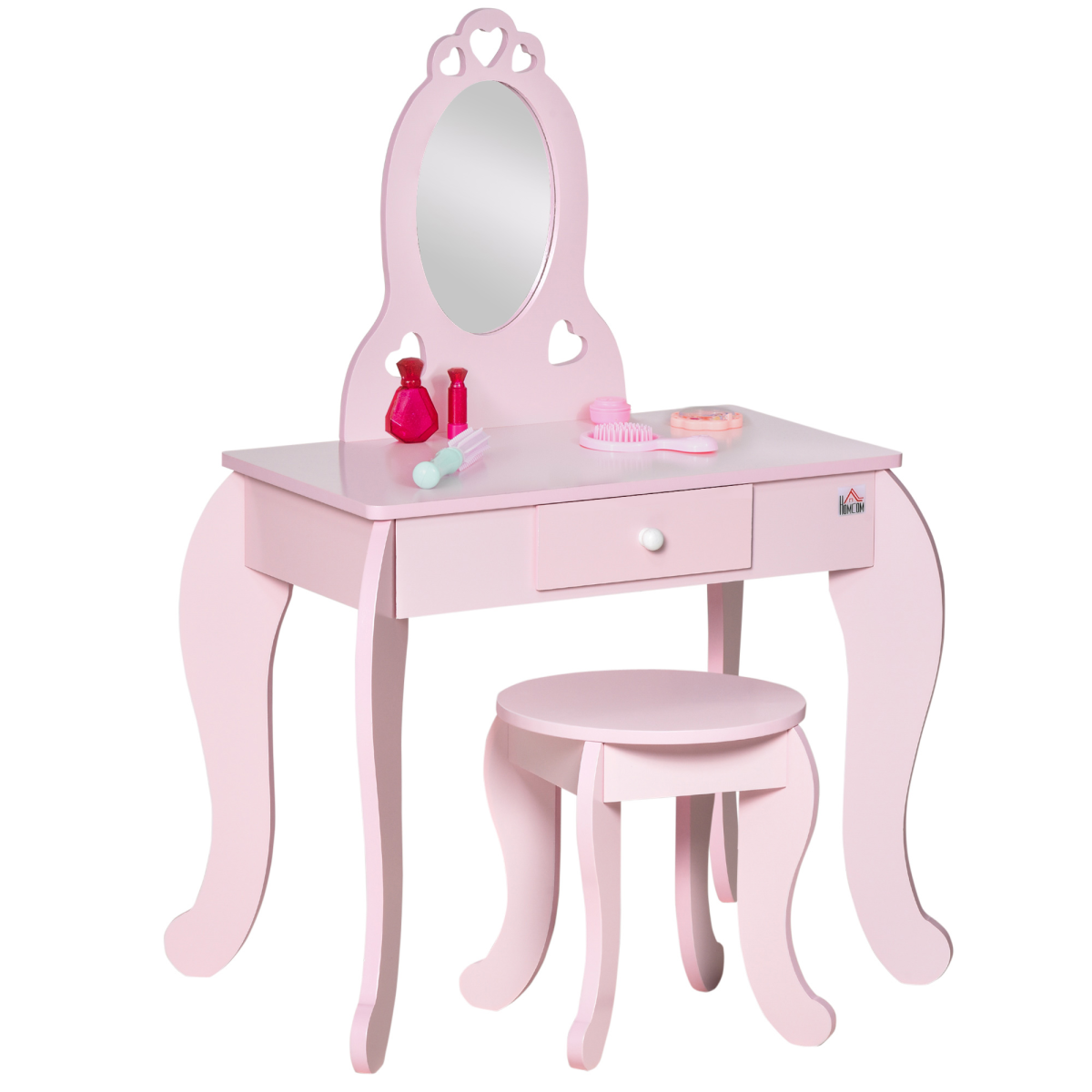 Kids Pink Vanity Table and Stool Set with Mirror and Storage Drawer