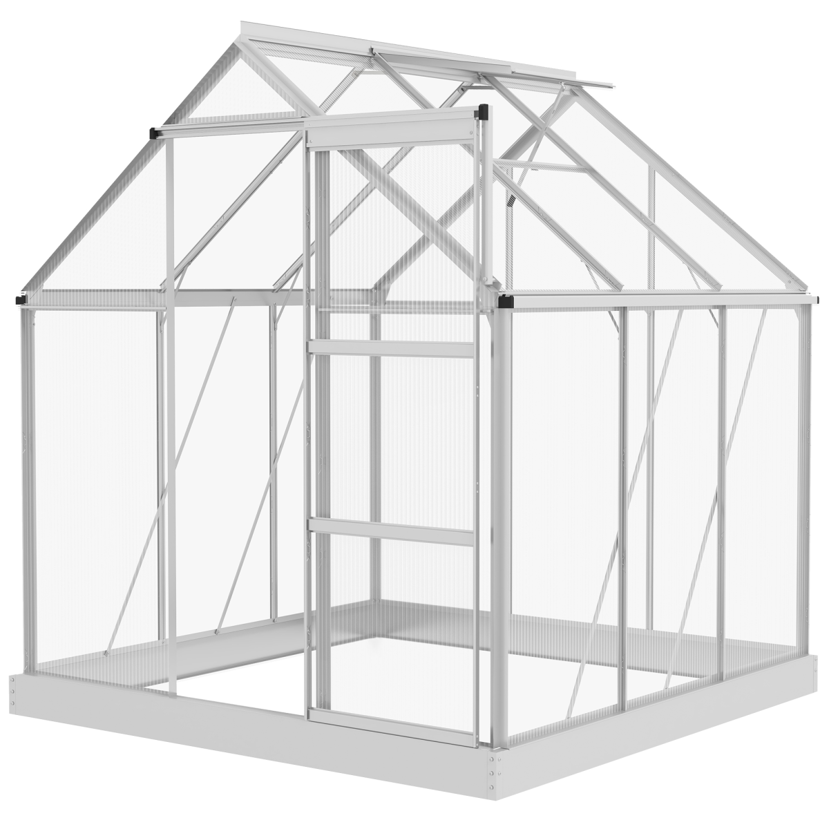 Outsunny 6 x 6 ft Walk-In Polycarbonate Greenhouse with Foundation, Sliding Door and Adjustable Window, Silver