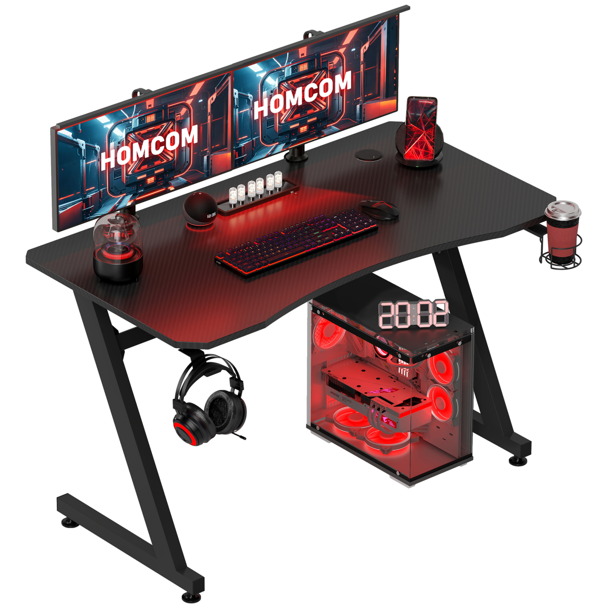 Gaming Desk Steel Frame with Cup Holder, Headphone Hook, Cable Organizer, Adjustable Feet, Black