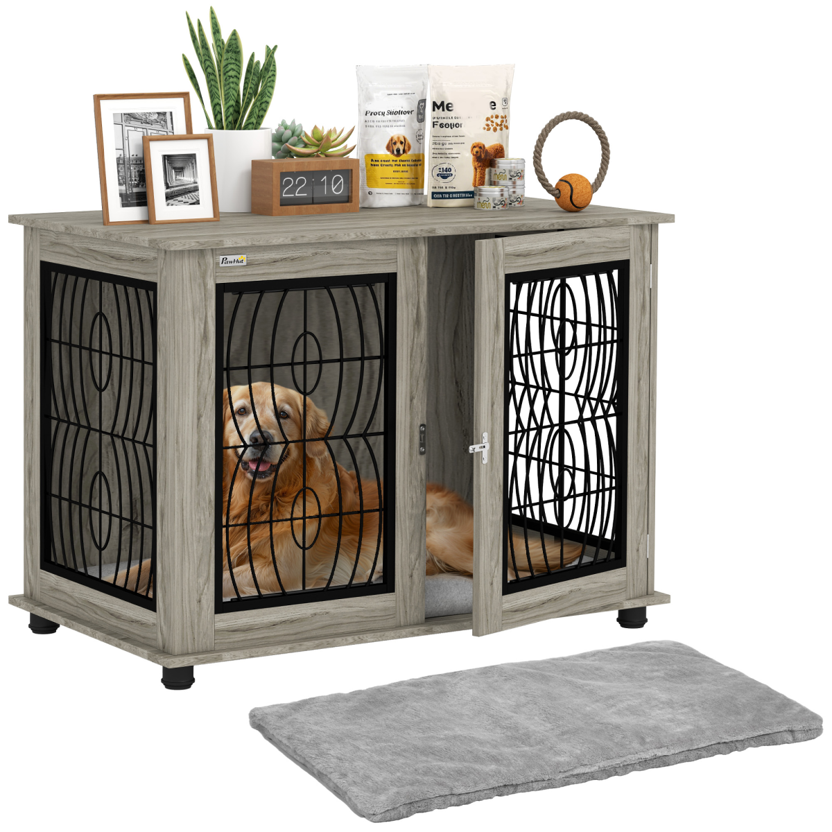 PawHut Dog Crate End Table for Large Dogs, Grey Wood-Effect Cushion