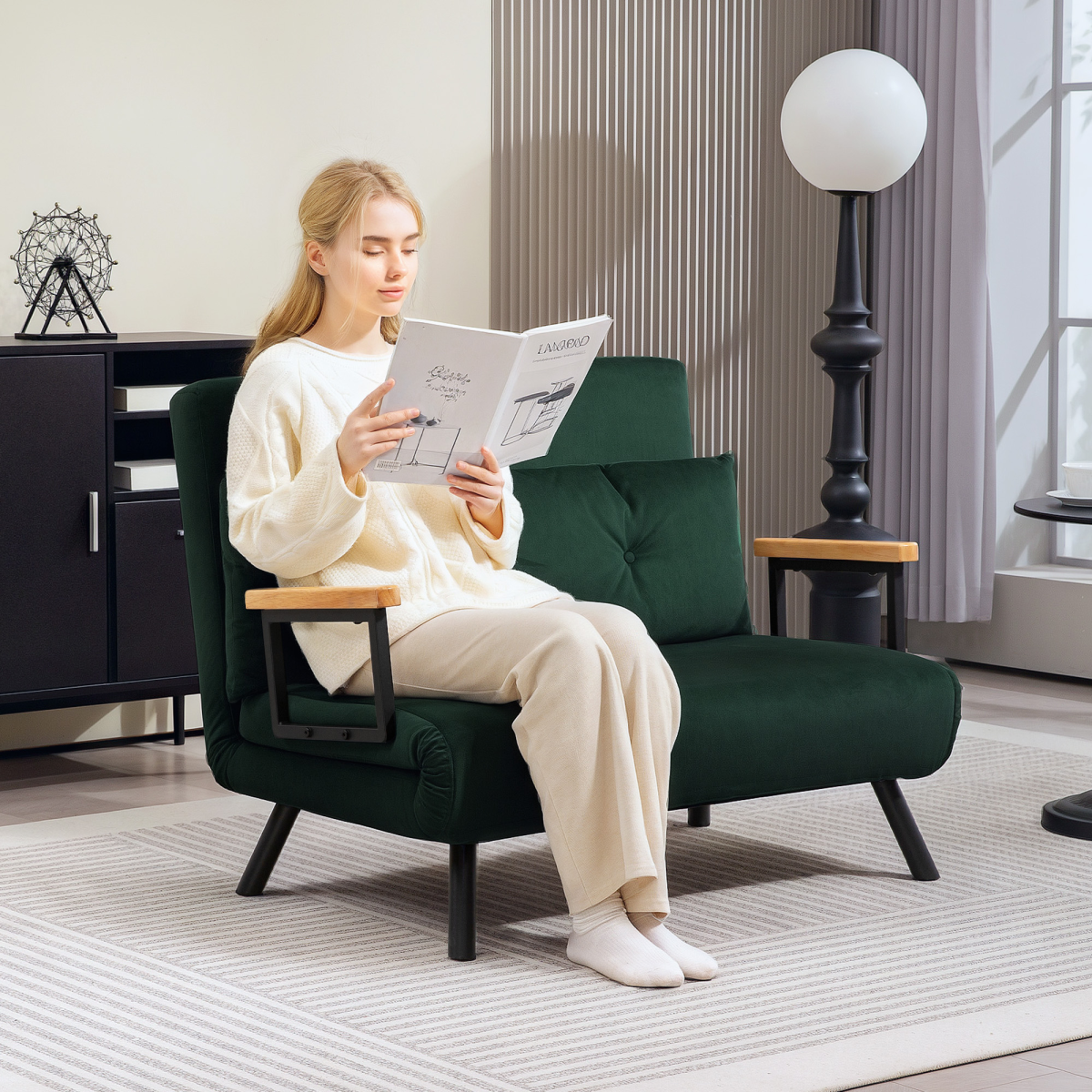 Green Velvet 4-in-1 Chair Bed Sofa with Adjustable Backrest