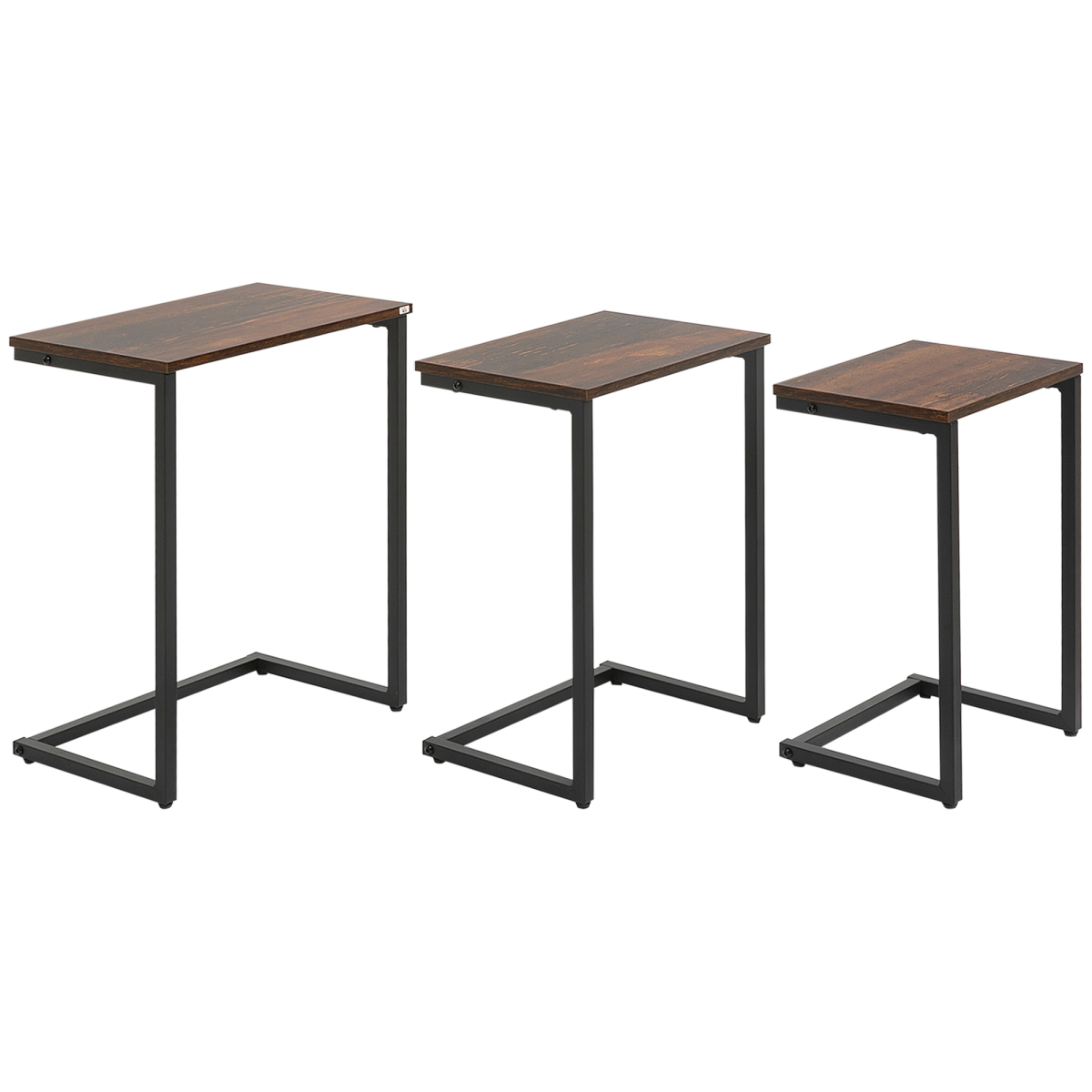 HOMCOM Set of 3 C-Shaped Nesting Tables, Steel Frame, Rustic Brown