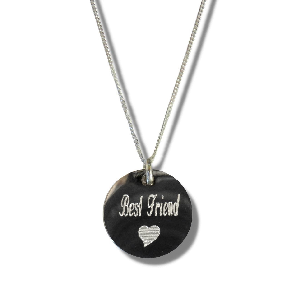 Best Friend Engraved Disc Necklace with Heart Symbol, Sterling Silver Chain