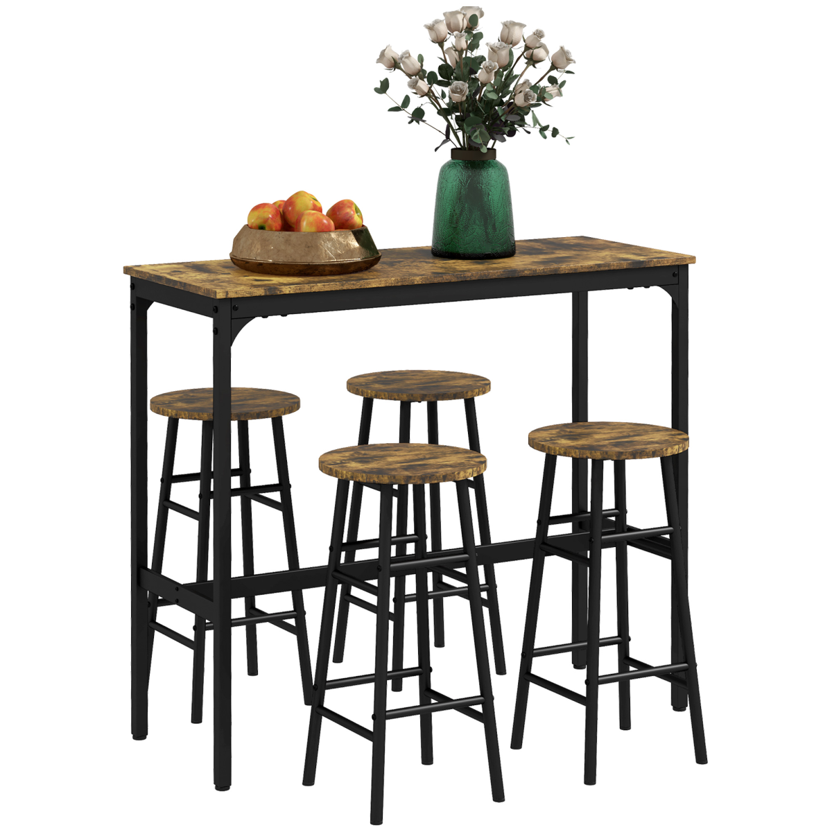 HOMCOM 5 Piece Industrial Bar Table and Stools Set, Rustic Brown