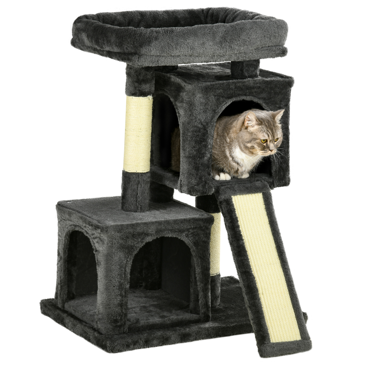 Cat Activity Tree with 2 Houses, Top Perch & Scratching Posts - Black