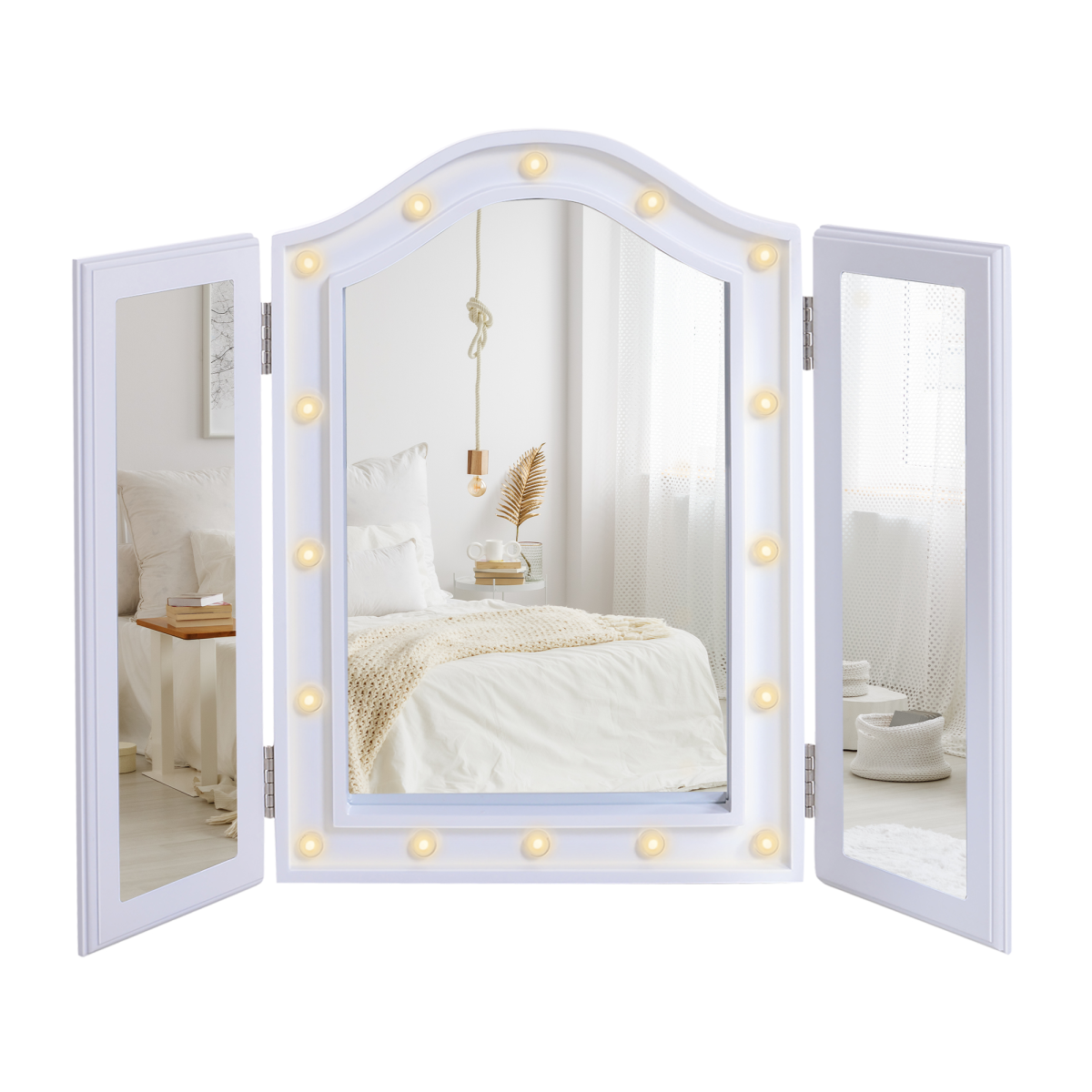 HOMCOM Tri-Fold Vanity Mirror with 16 LED Lights, White