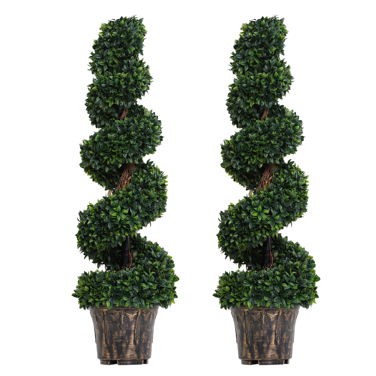 Set of 2 Artificial Boxwood Spiral Topiary Trees, Green PE Plant Decor