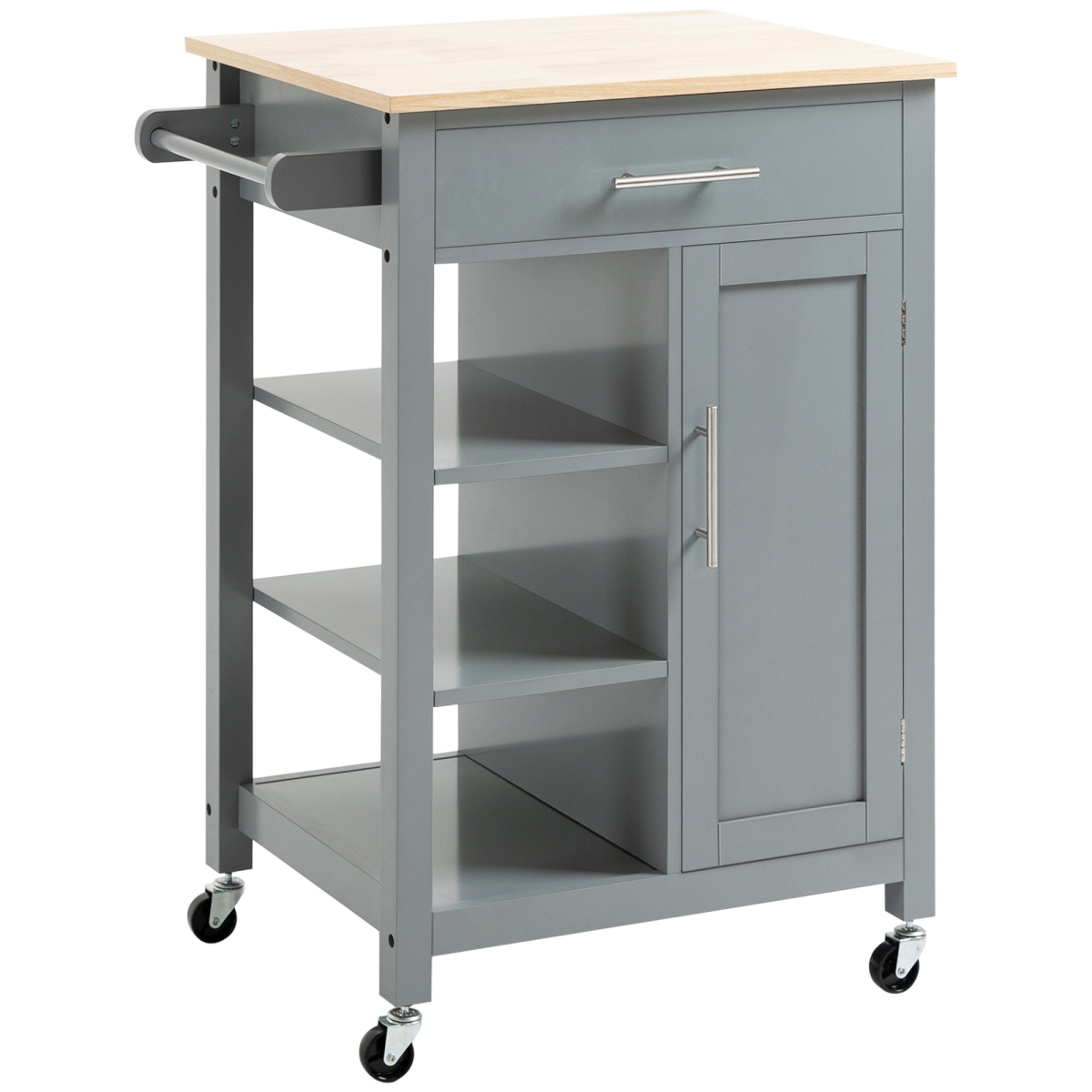 HOMCOM Grey Kitchen Trolley Cart with Wooden Worktop, Drawer, Cupboard, Shelves and Wheels