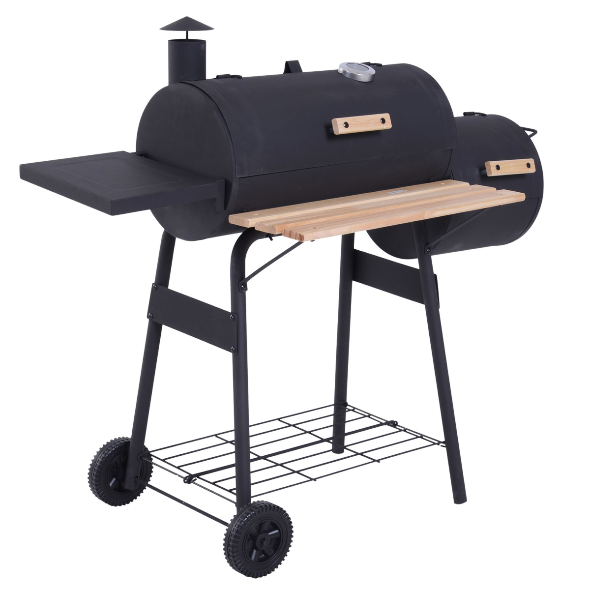 Outsunny Portable Charcoal BBQ Grill with Offset Smoker, Steel, Thermometer, Side Shelves and Wheels
