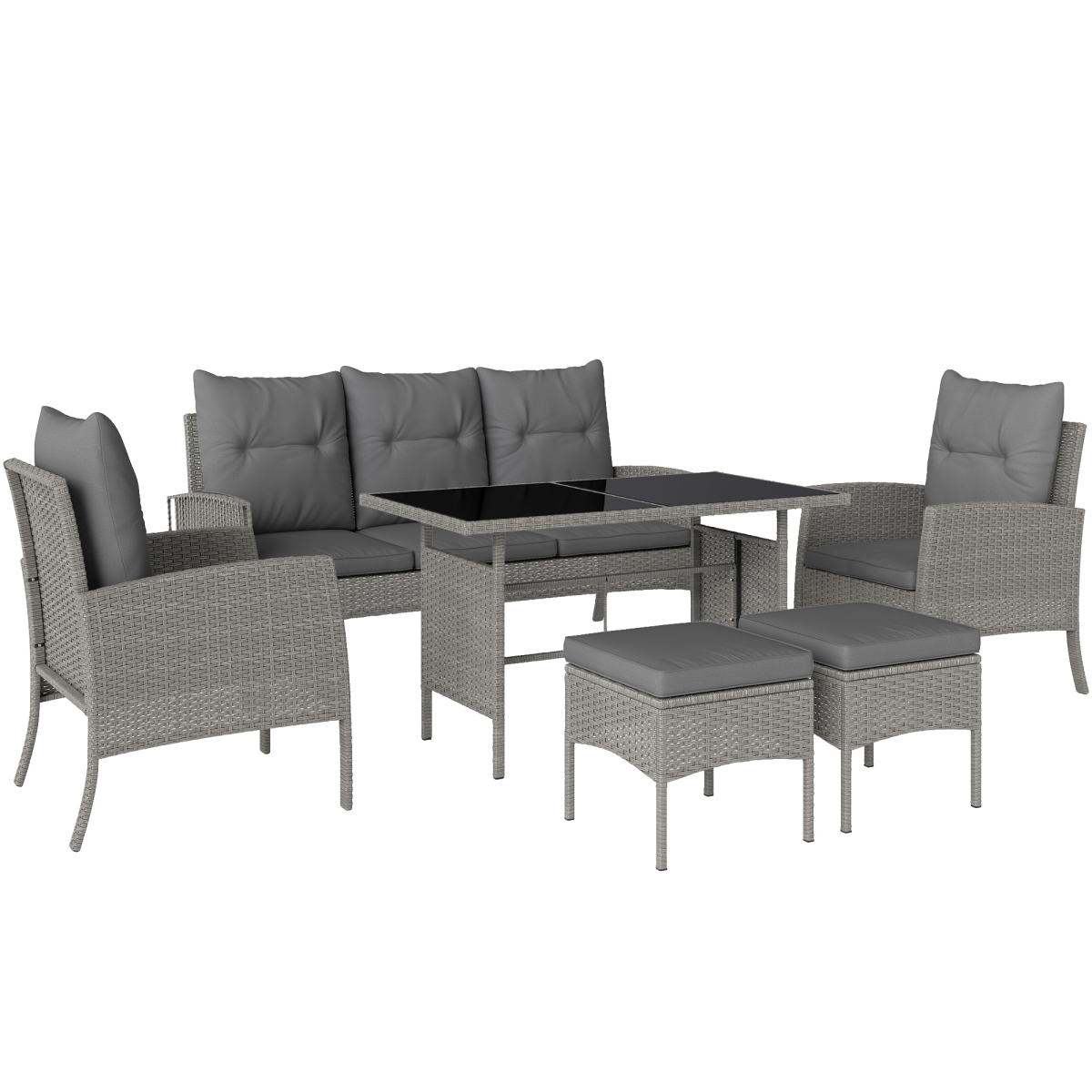 Outsunny 6-Piece Rattan Garden Sofa Set with 2 Armchairs, 3-Seater Sofa, 2 Footstools and Glass-Top Coffee Table, Grey