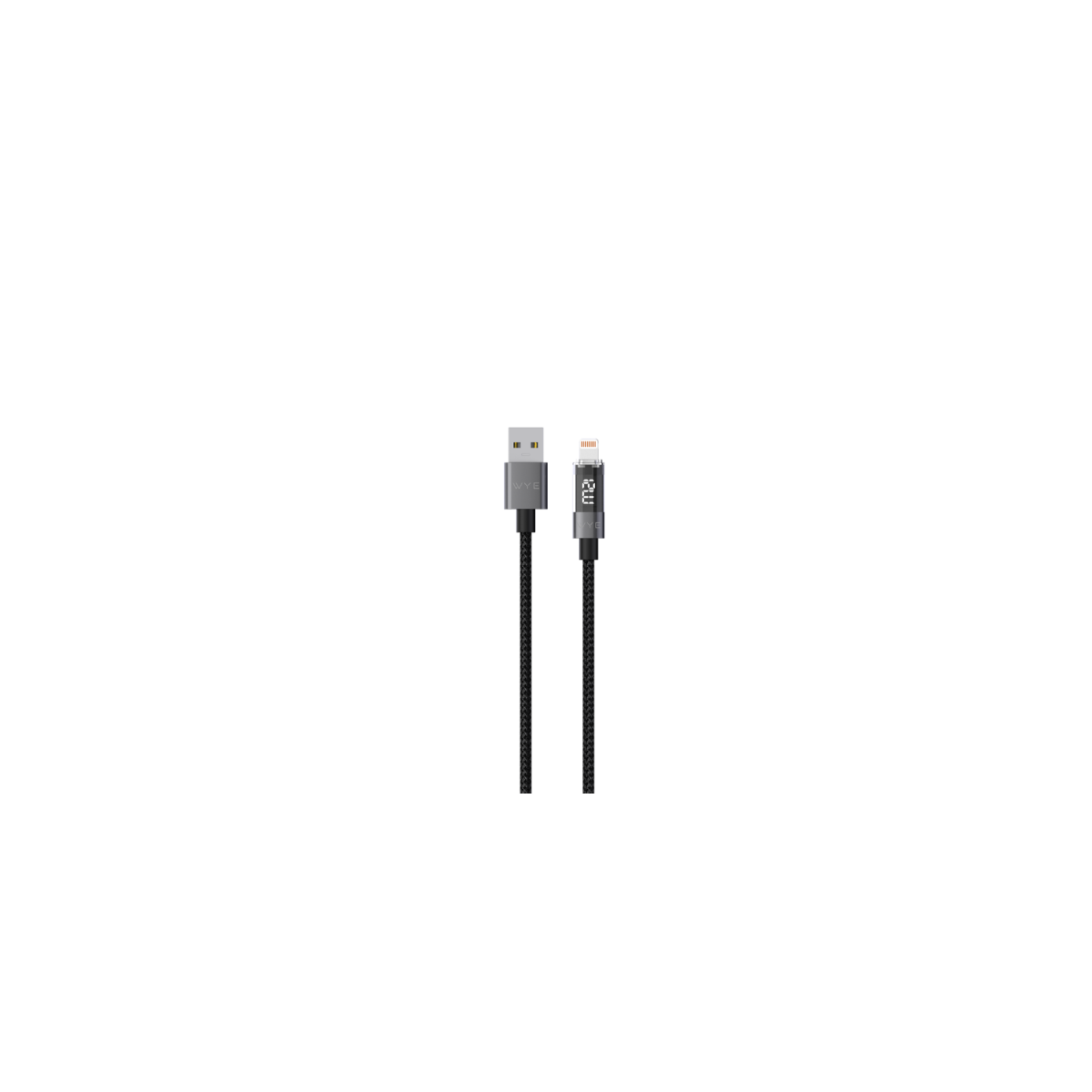 WYE USB-A to 8-Pin Charging & Data Cable with LED Display, 1m, 12W, 5V/2.4A, Black