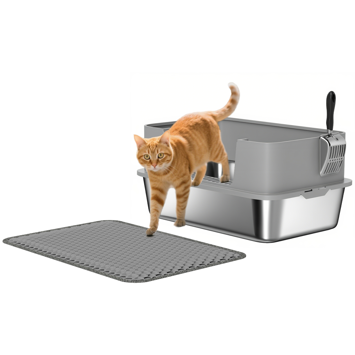 PawHut Stainless Steel High-Sided Cat Litter Box with Scoop