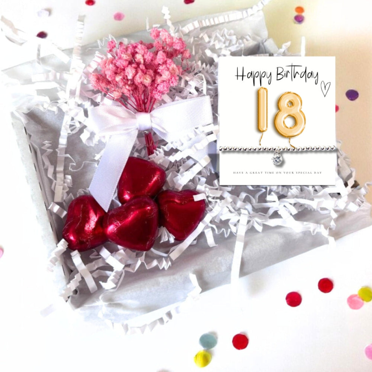 18th Birthday Gift Hamper with Cubic Zirconia Bracelet, Chocolate Hearts and Mini Flower Bouquet
