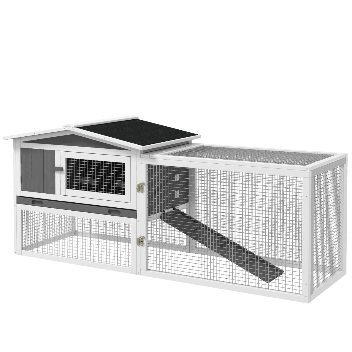 PawHut Outdoor Rabbit Hutch and Run with Slide-Out Tray, Detachable Run, Ramp, Fir Wood, 156 x 58 x 68cm
