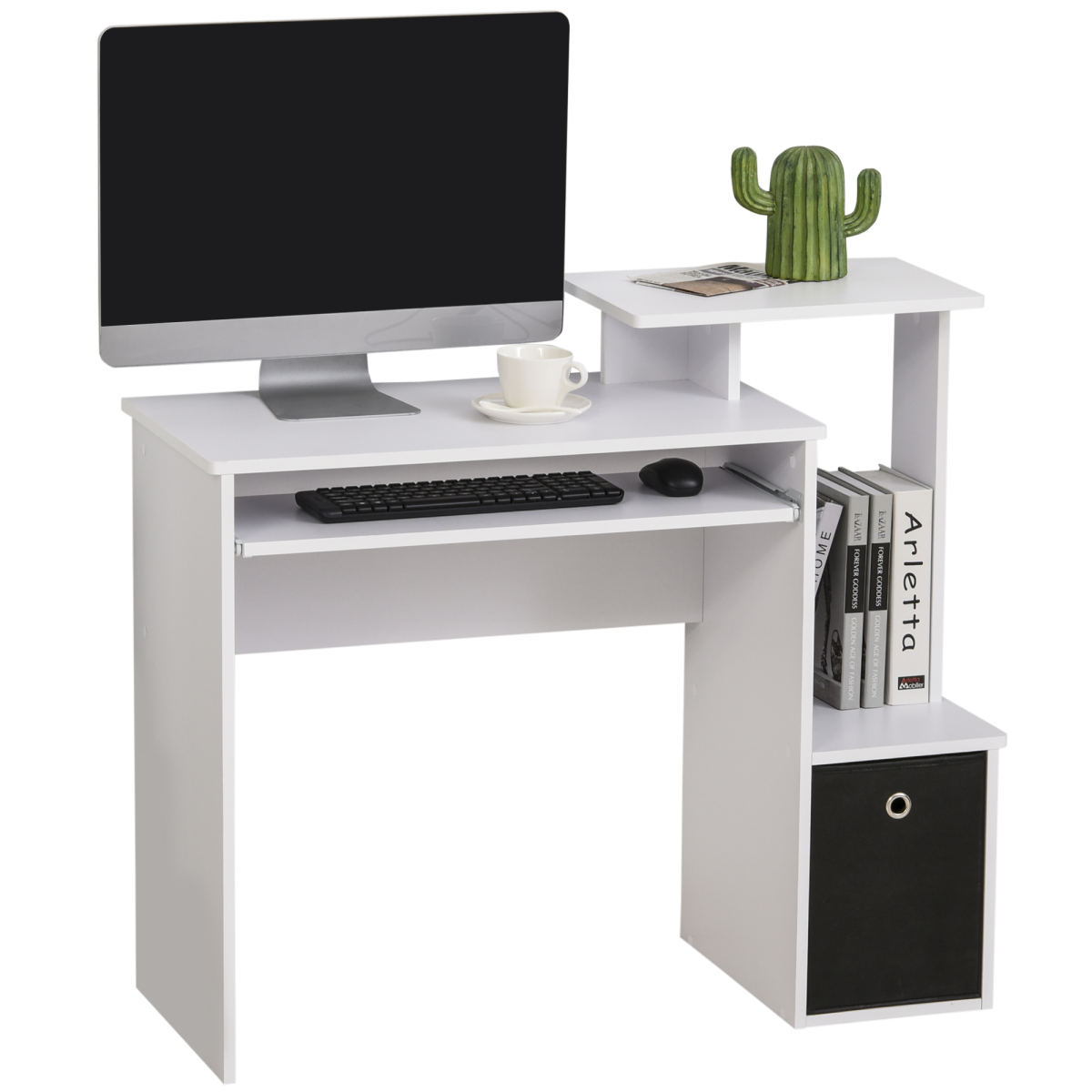 HOMCOM White Computer Desk with Sliding Keyboard Tray, Storage Drawer and Shelf