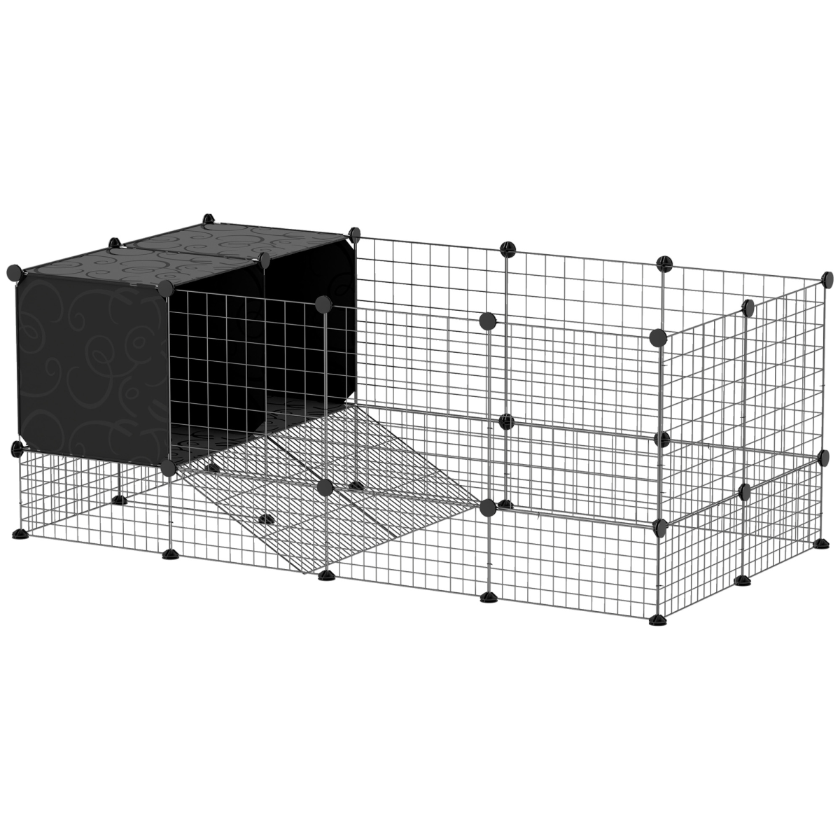 PawHut DIY Small Animal Cage with Elevated Huts for Guinea Pigs, Hedgehogs