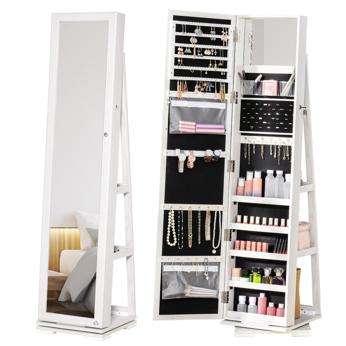 Full Length Mirror Jewelry Cabinet, 360° Rotating, Lockable