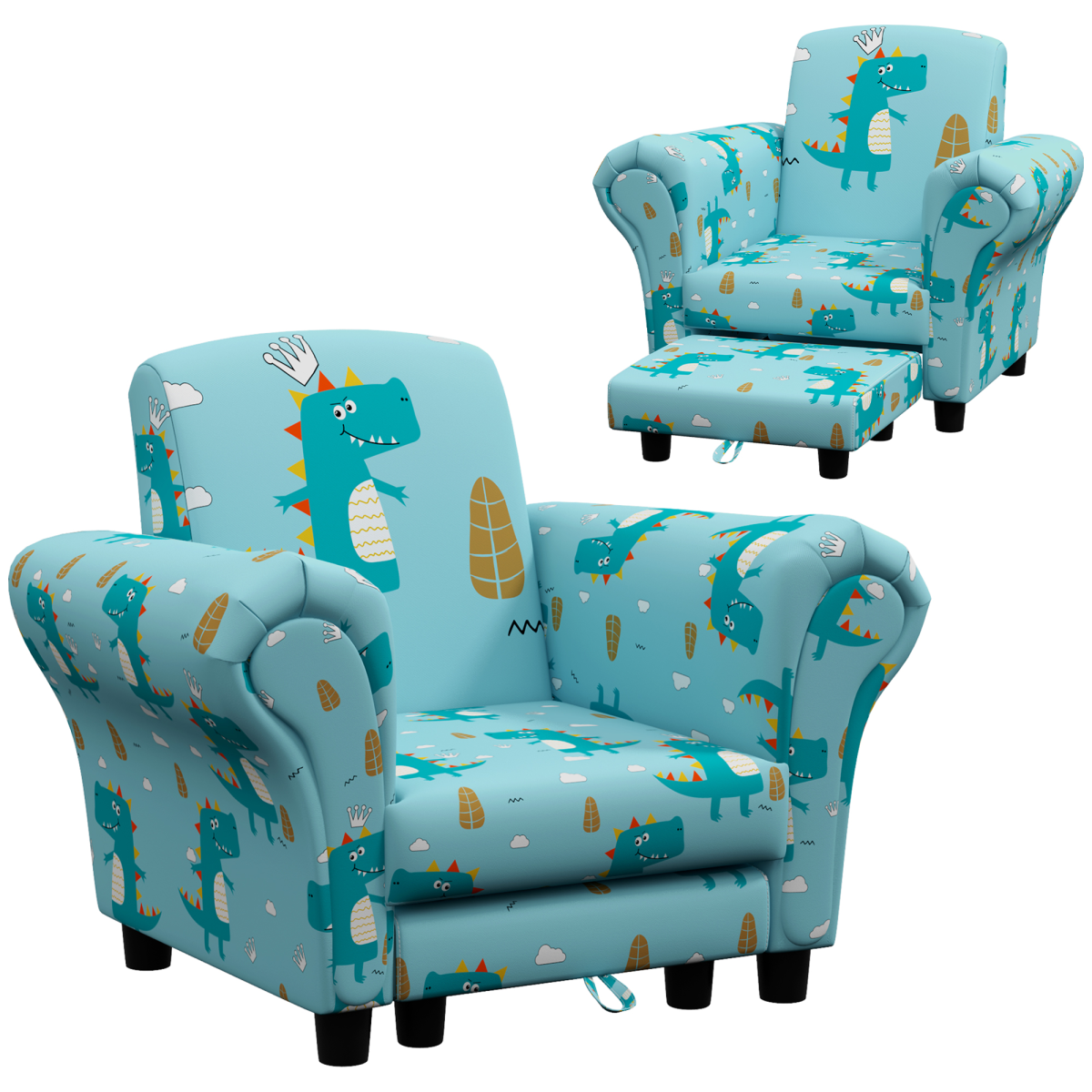 AIYAPLAY 2 Piece Kids Sofa Set, Dinosaur Print, Blue for Nursery