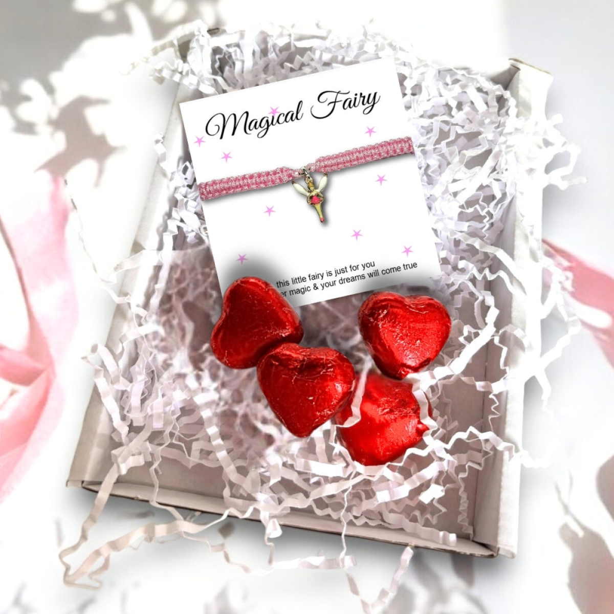 Pink Fairy Friendship Bracelet Gift Hamper with Chocolate Hearts