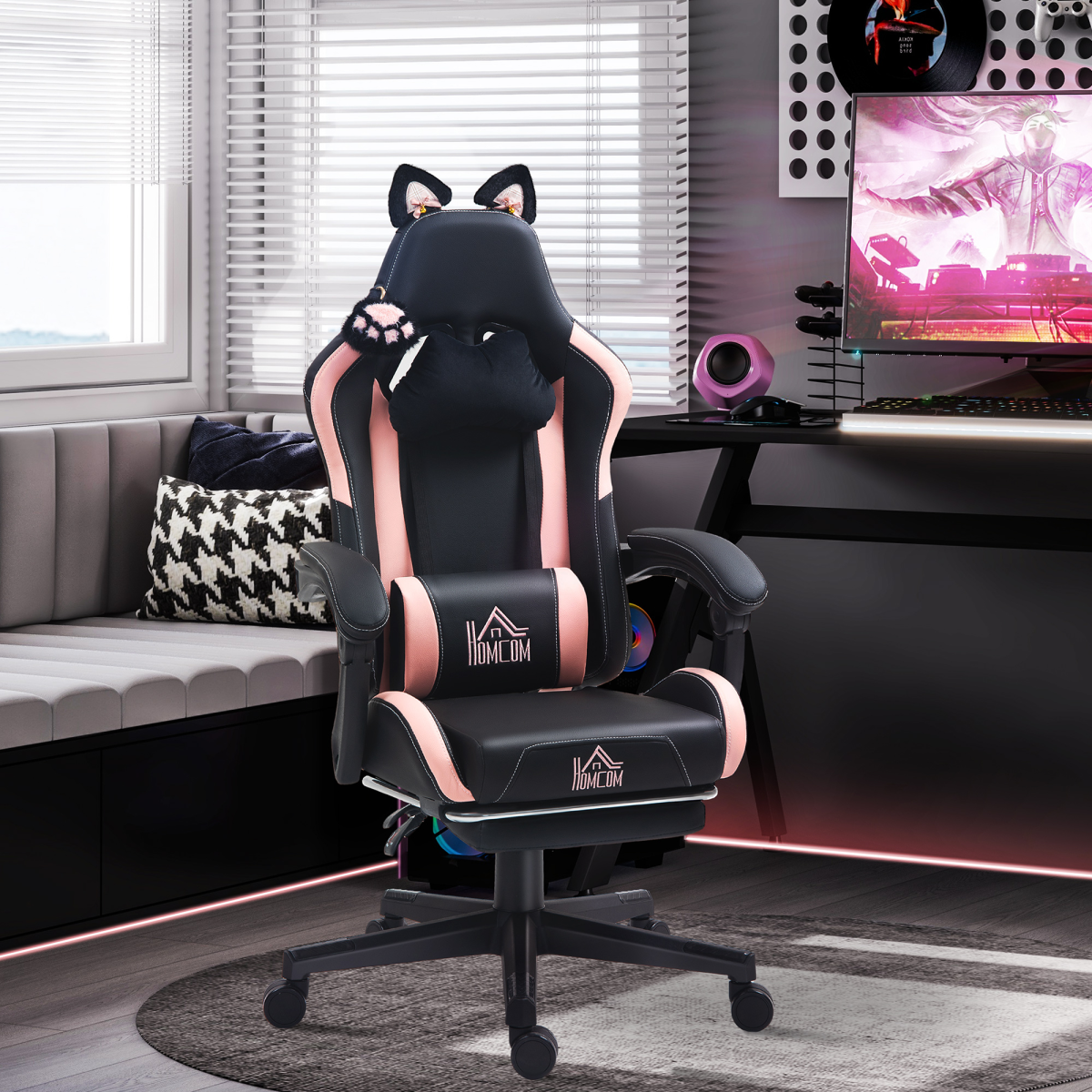 Cute Cat Ear Gaming Chair with Reclining Back, Footrest, Head and Lumbar Pillows