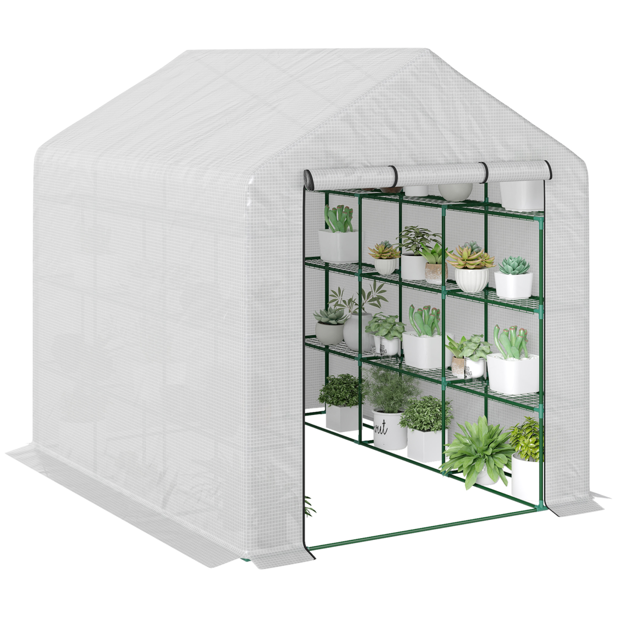 Outsunny Walk-In Garden Greenhouse with 3-Tier Shelves, Roll-Up Door